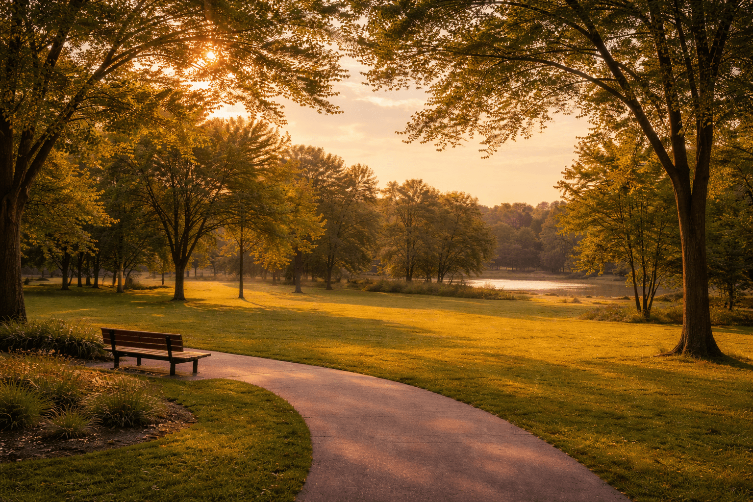 Peaceful evening park environment supporting relaxation and better sleep quality.