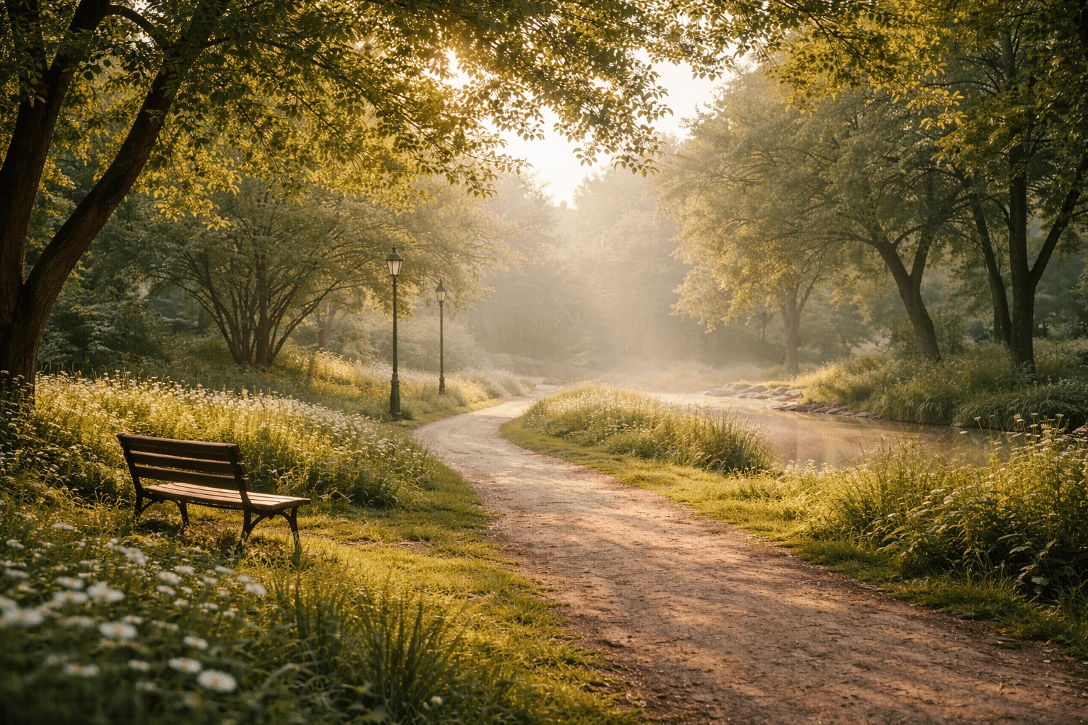 Quiet reflective park space representing calm, mental clarity, and emotional balance.