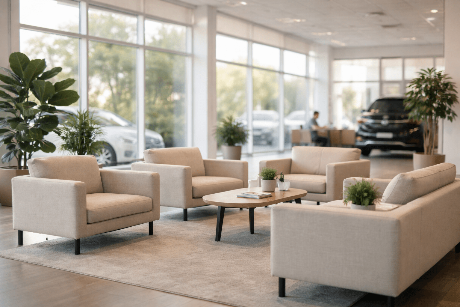 Peaceful dealership waiting area designed to reduce stress and sensory overload.
