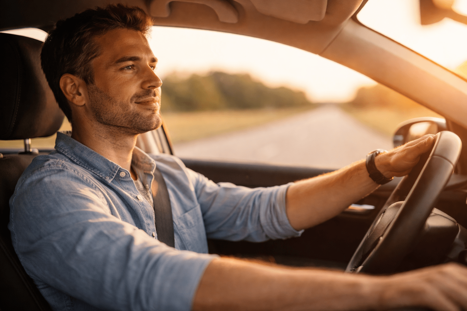 Relaxed driver enjoying peace of mind after a calm and stress-free car purchase
