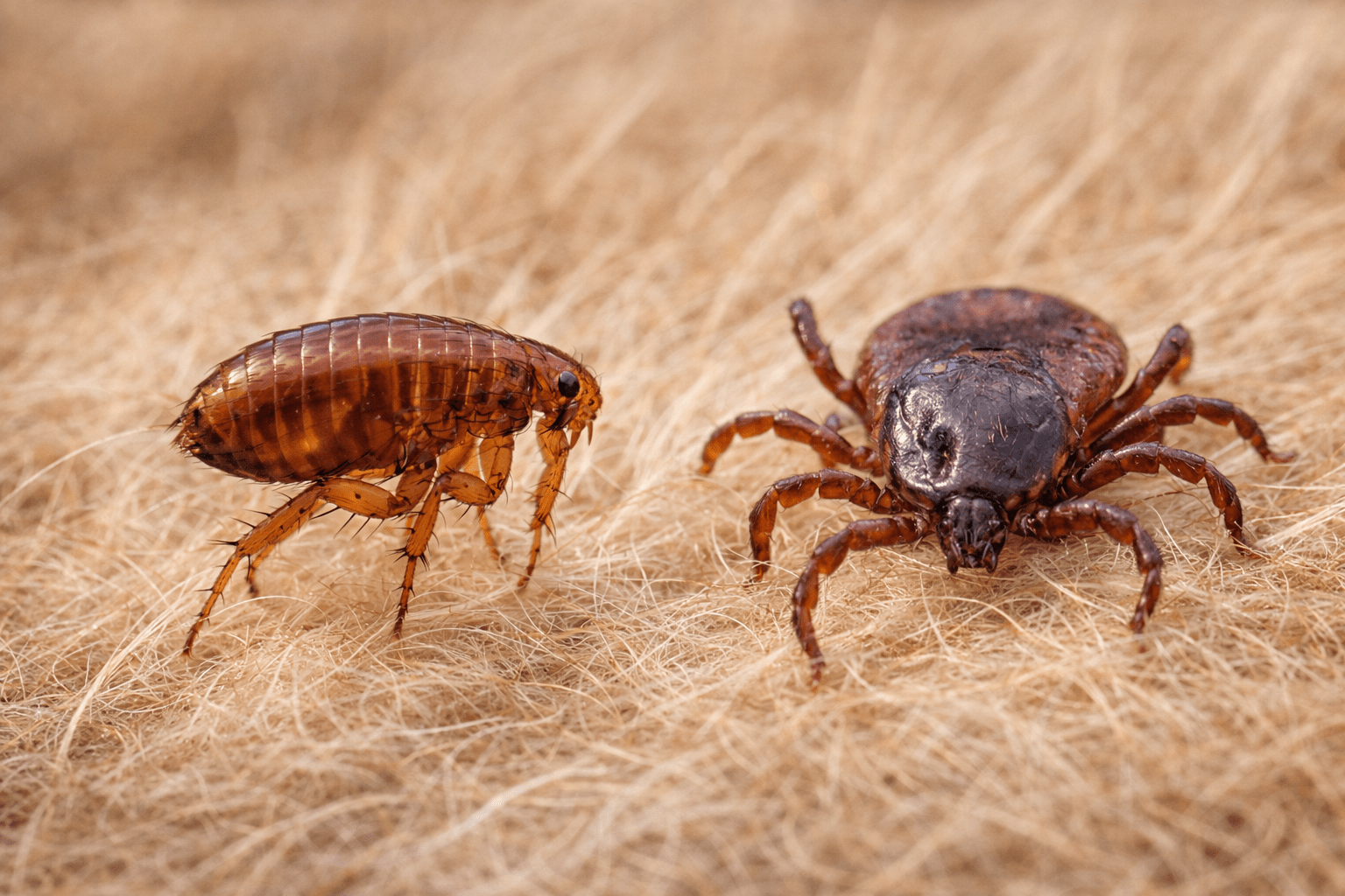 Macro close-up of a flea and a tick on a dog's fur, highlighting common parasites to prevent infestations.