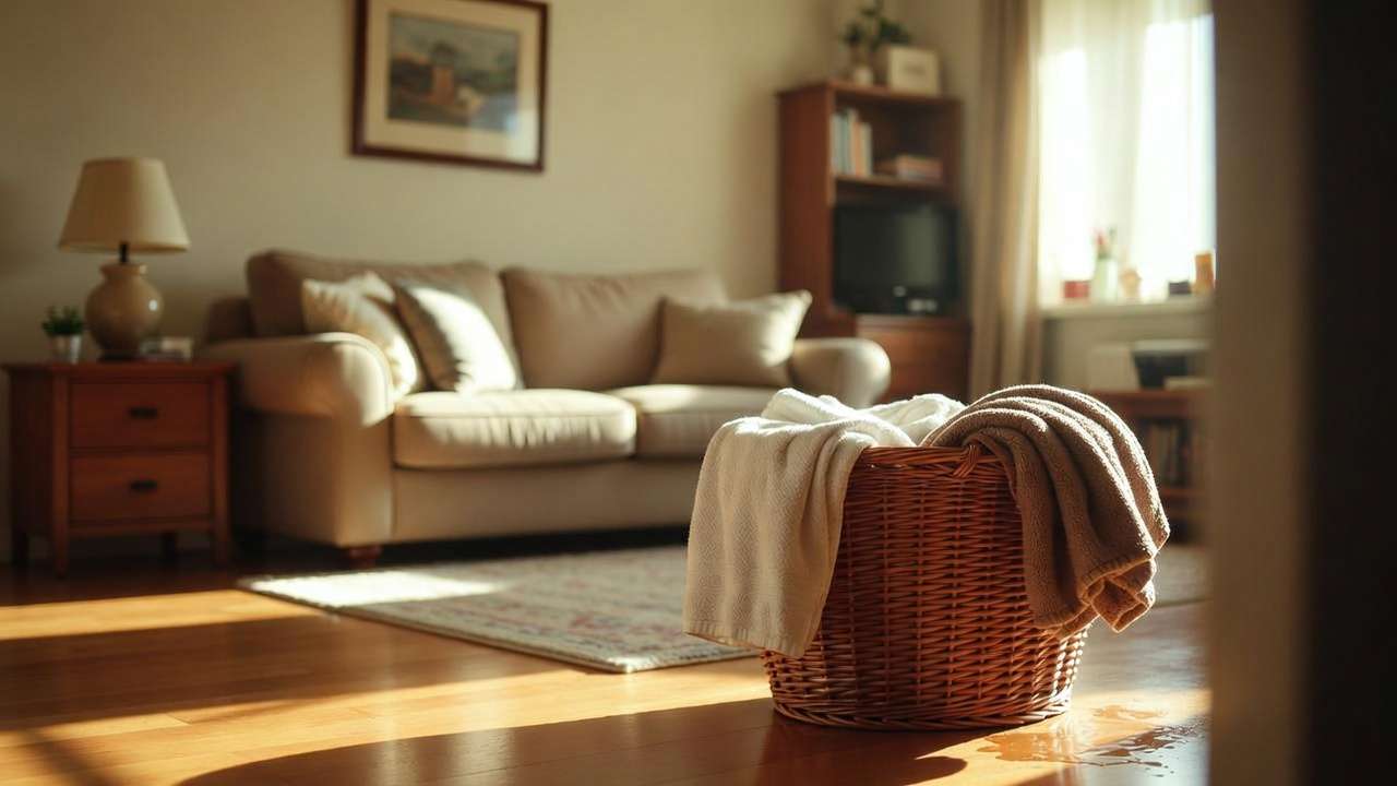 Clean dog bedding being prepared for washing in a bright living room to maintain a flea-free home.
