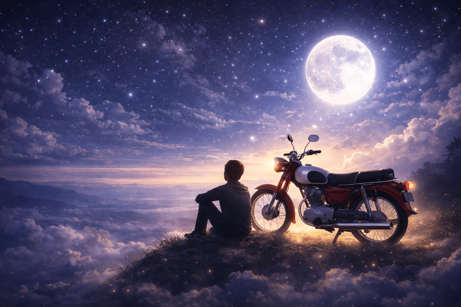 Person reflecting beside motorcycle symbolizing subconscious insight. 