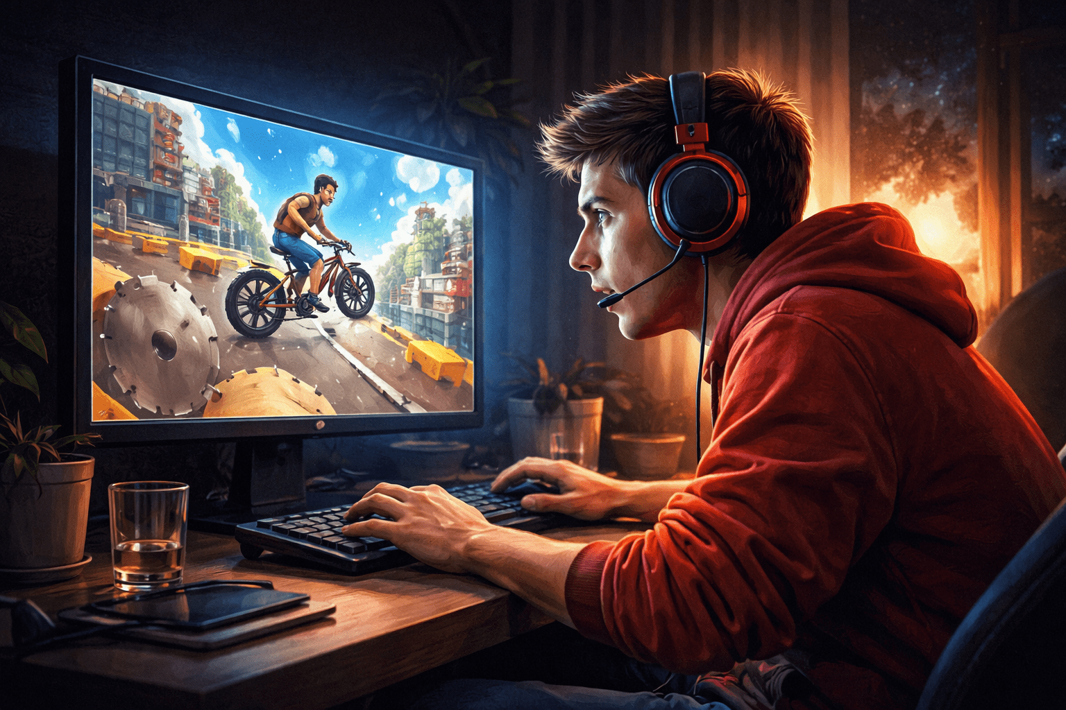 Person intensely playing a fast-paced physics browser game at night. 