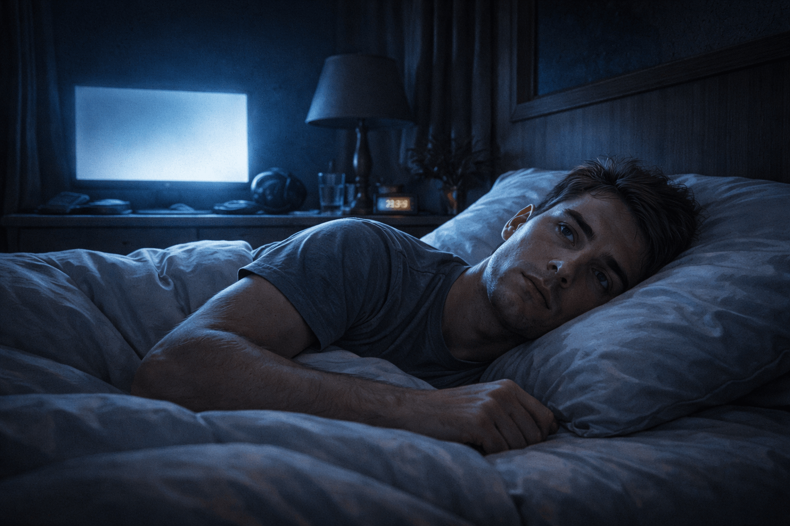 Person awake in bed after late-night gaming. 