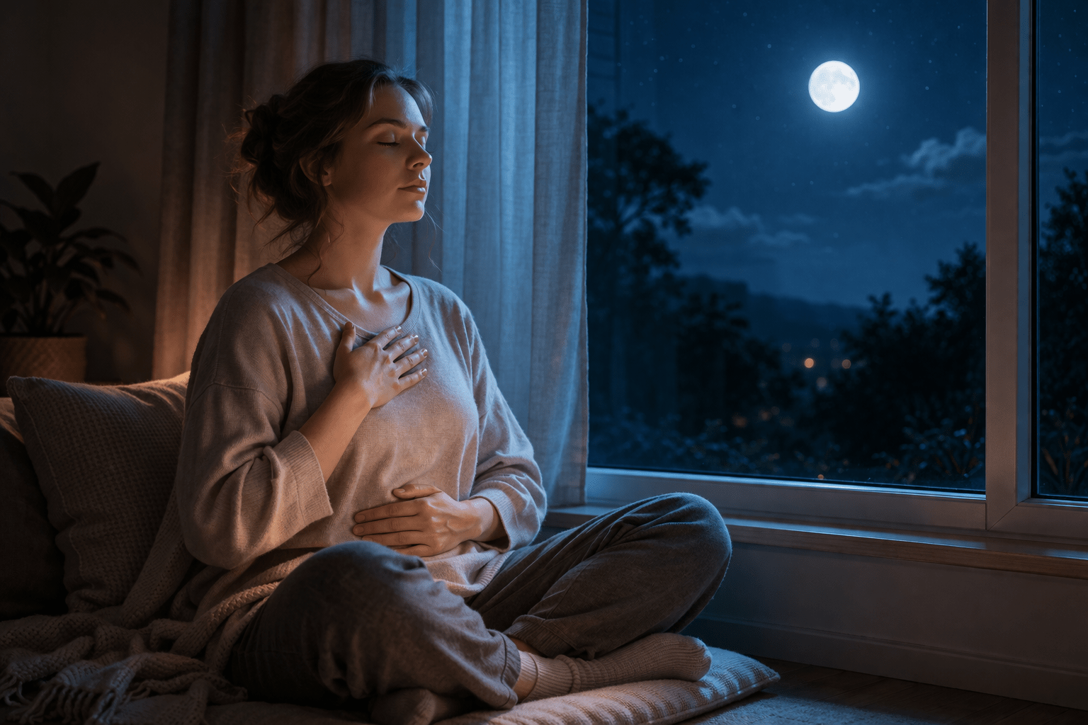 Person practicing breathing exercises after gaming at night.
