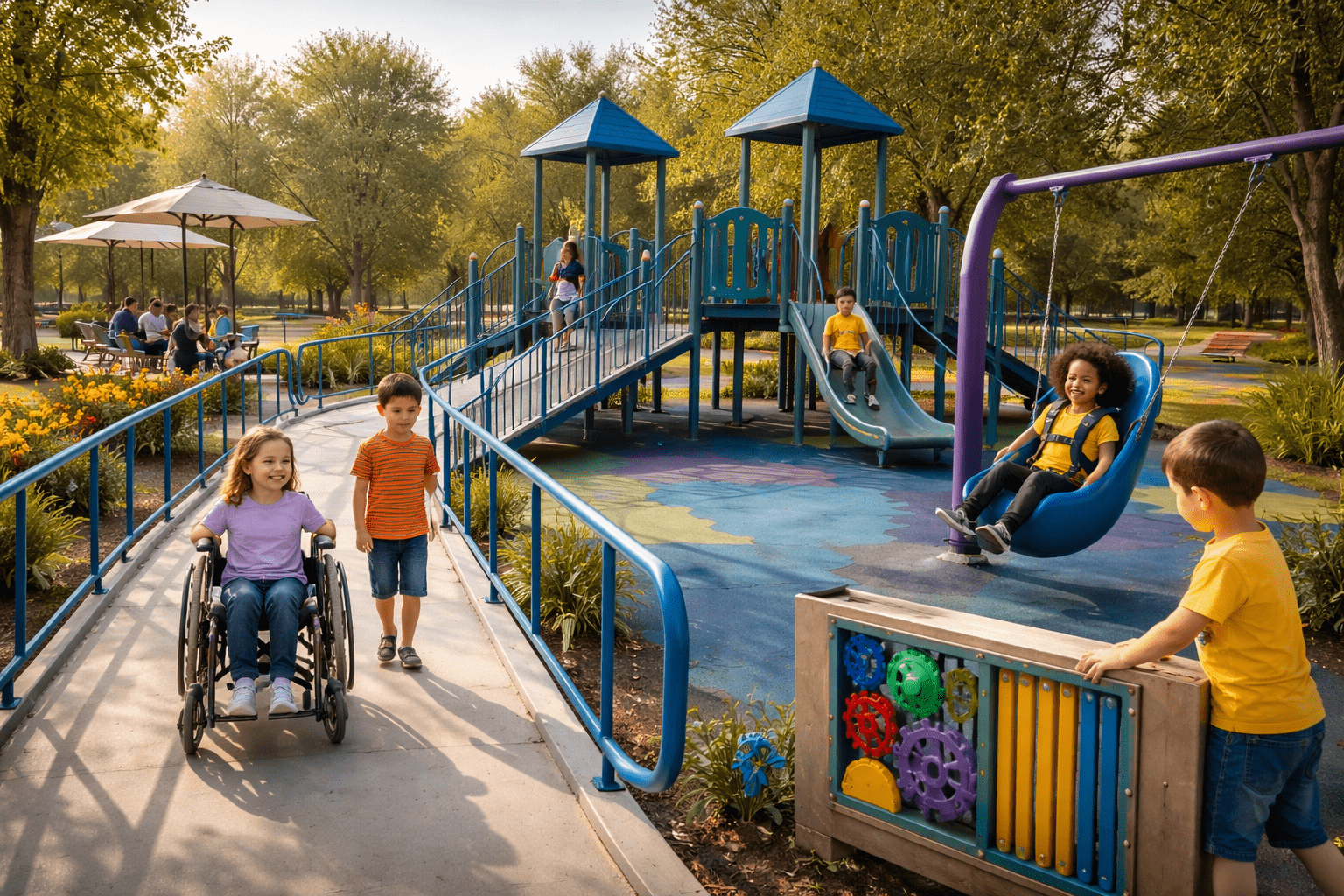 Inclusive all abilities playground with wheelchair ramp and sensory play equipment.