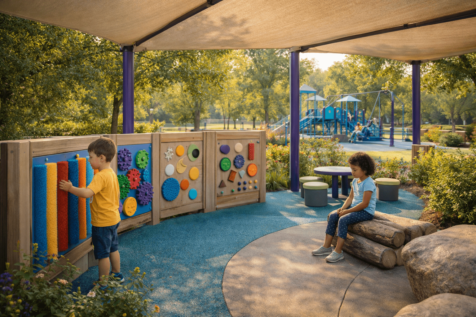 Sensory-friendly playground area with tactile panels and quiet space for children.