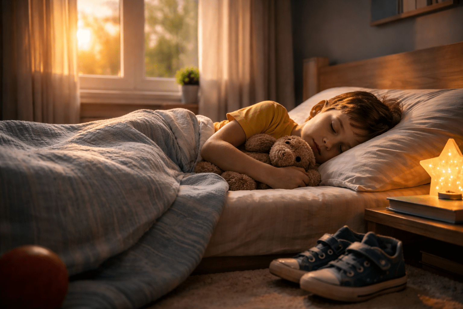 Child resting peacefully after outdoor play supporting healthy sleep.