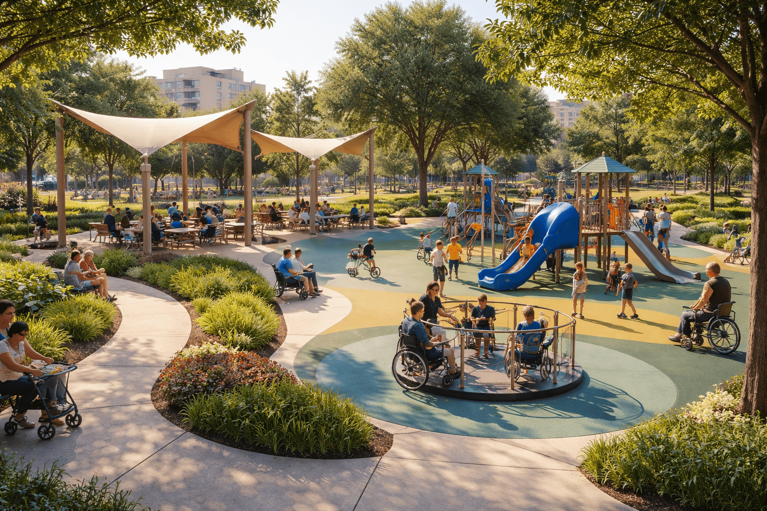 Modern community park with inclusive accessible playground design.