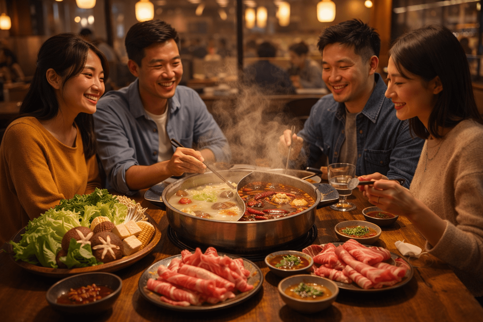 Friends enjoying communal hot pot dining experience at Happy Lamb restaurant.
