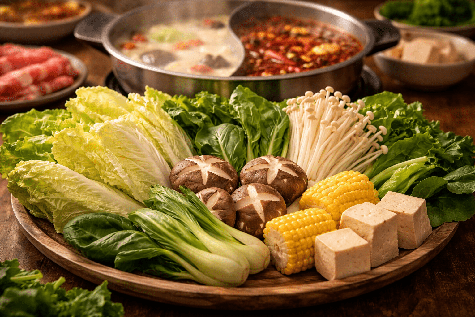 Fresh vegetables and tofu selection for healthy hot pot meal
