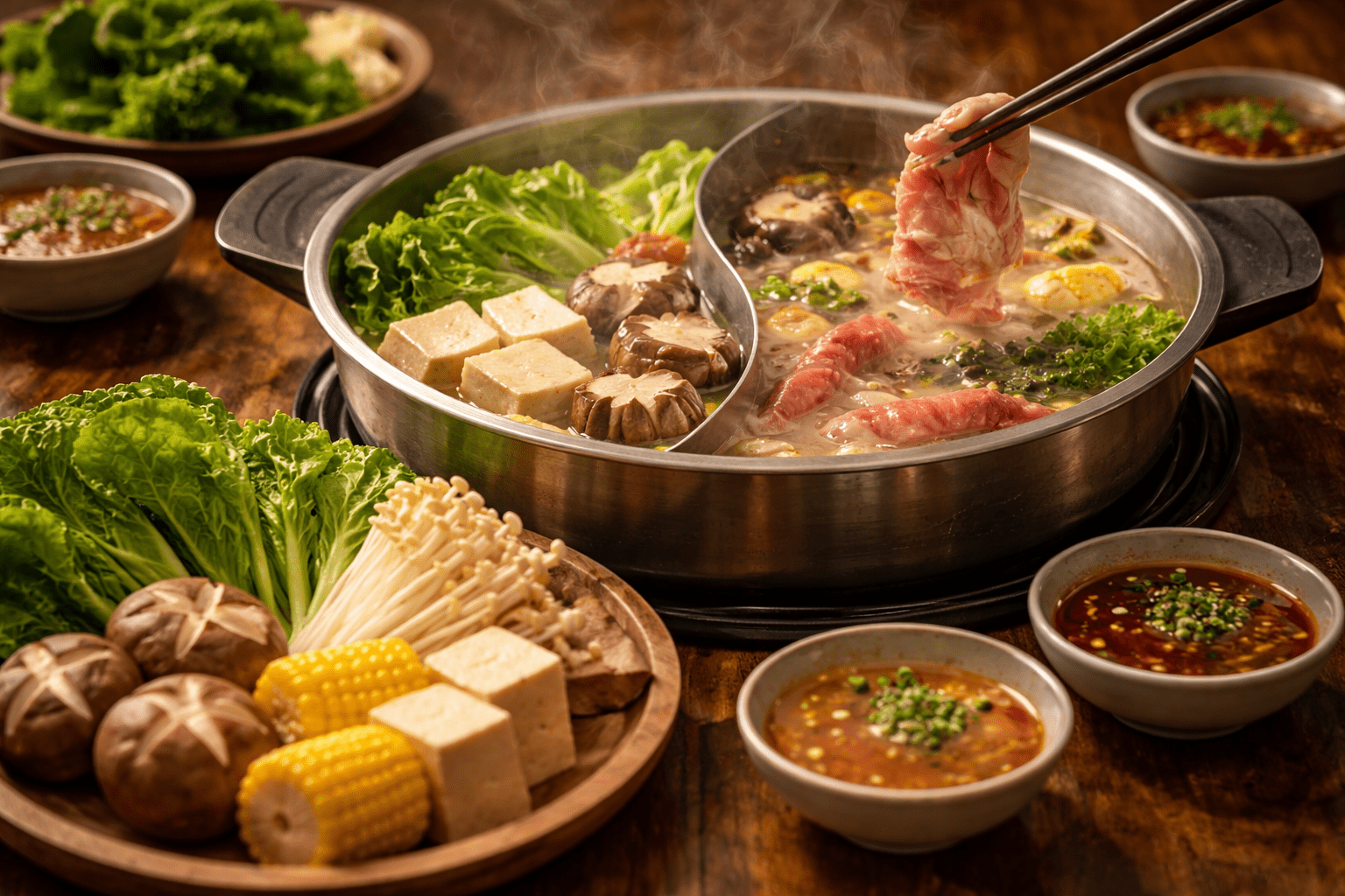 Balanced healthy hot pot meal with vegetables and lean protein.
