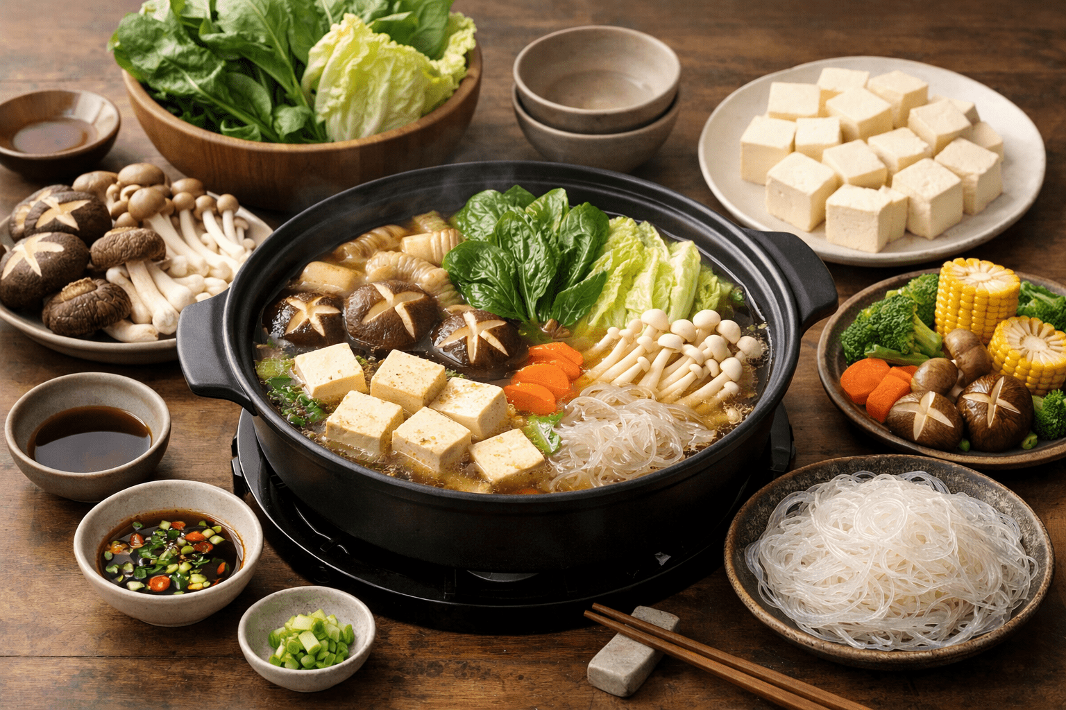 Vegetarian hot pot ingredients with tofu and fresh vegetables.
