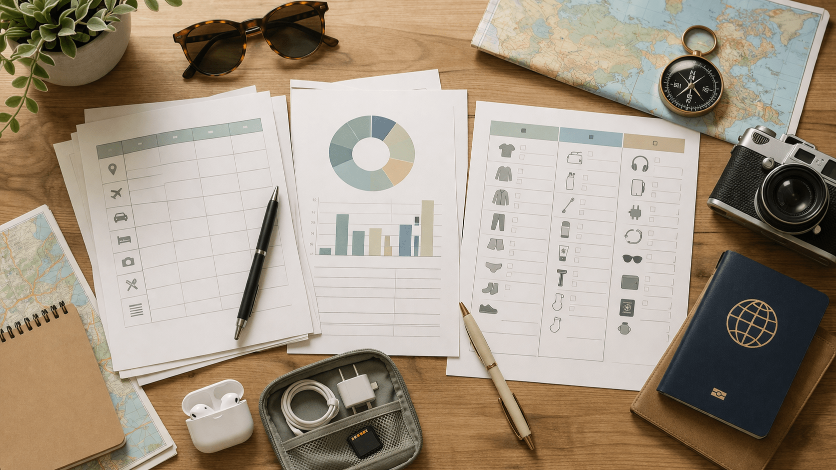 A flat-lay of organized travel planning materials including itinerary, budget, and packing sheets on a desk.