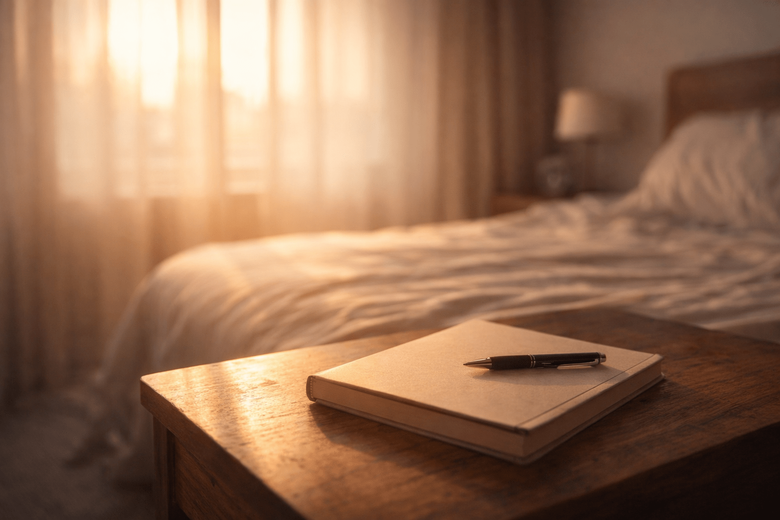 Dreamer journal notebook placed on bedside table in soft morning light. 