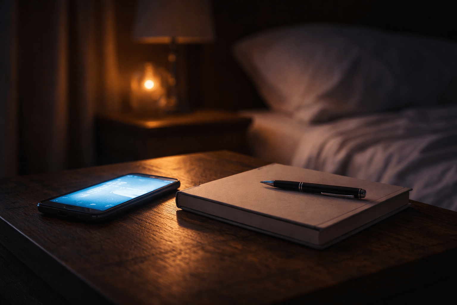 Smartphone distraction beside unopened dream journal at night. 