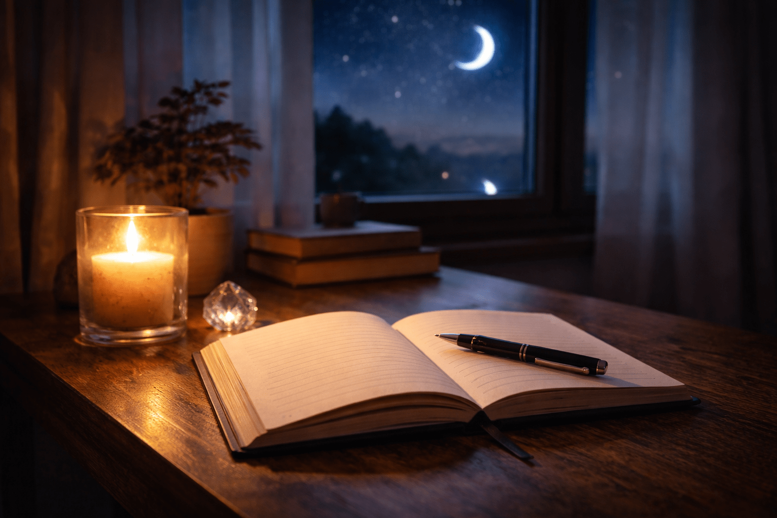 Dream incubation setup with journal and candle at night. 