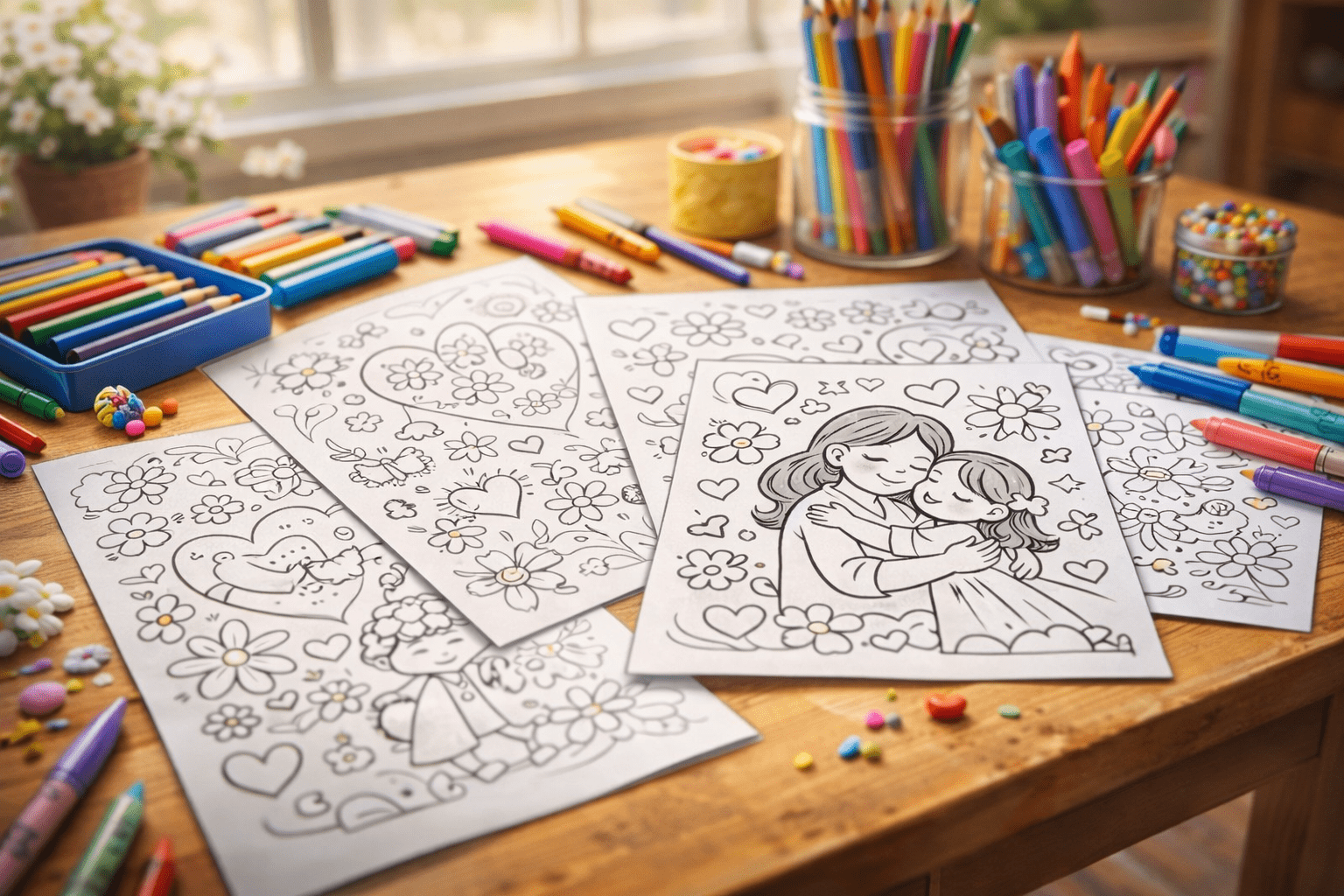 happy mothers day coloring pages printable sheets with crayons and coloring supplies on table
