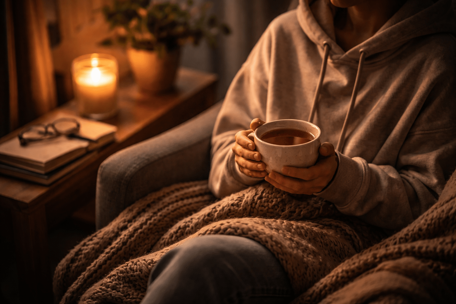 Relaxing evening routine with hoodie and tea promoting stress relief and calmness.