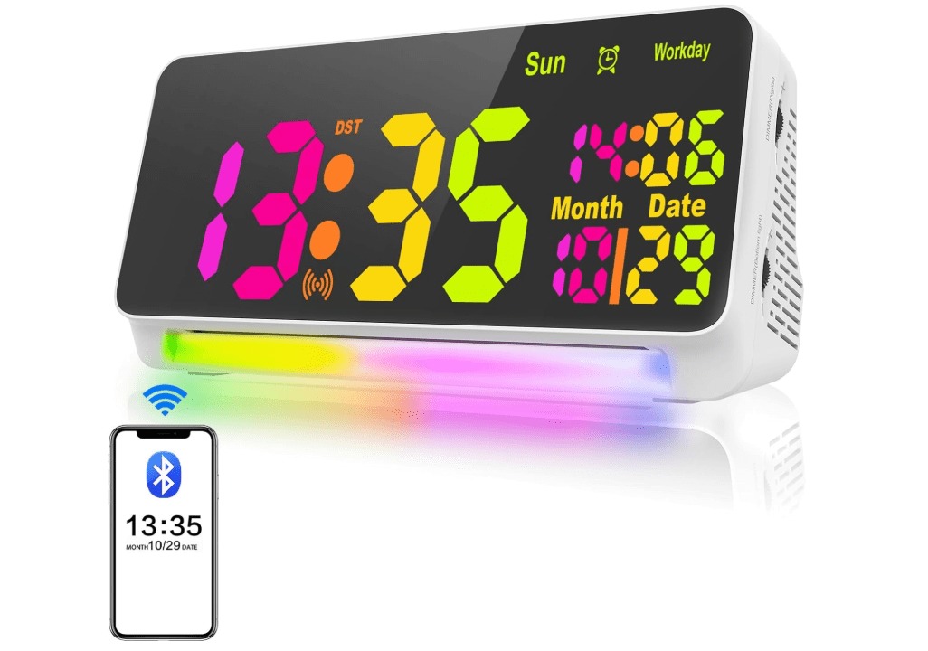 PERSUPER 120db Super Loud Alarm Clock for Heavy Sleepers, Bluetooth Connection, 15 Wake Up Sounds, 7 Color Night Light, Dynamic RGB Color Changing, 0-100%... 