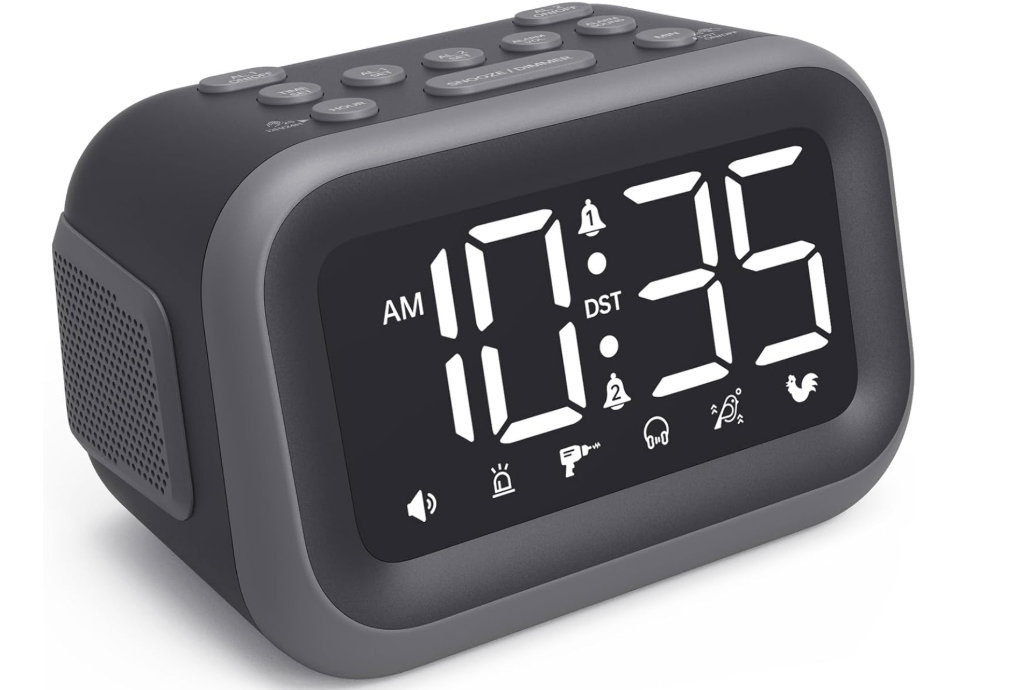 Acedeck Super Loud Alarm Clock: 115dB Dual Alarms and 6 Alarm Sounds for Heavy Sleepers - Adult Shift Workers in Bedroom or Daily Wake-Up Use - Gray
