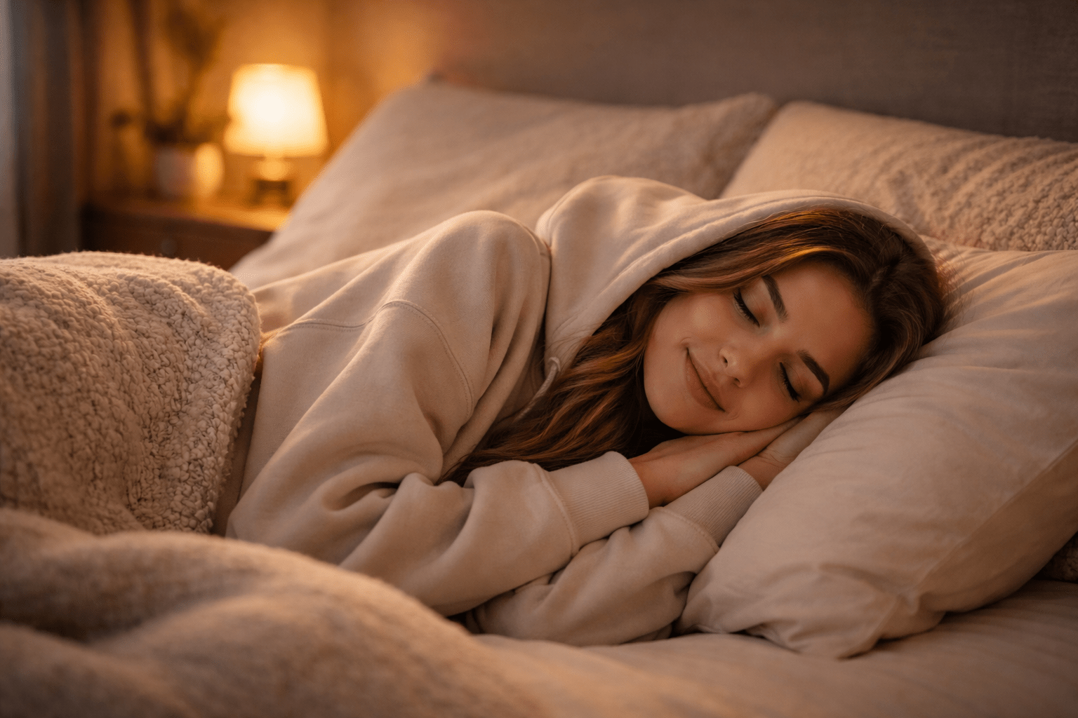 Person sleeping comfortably in a hoodie showing improved sleep and relaxation.
