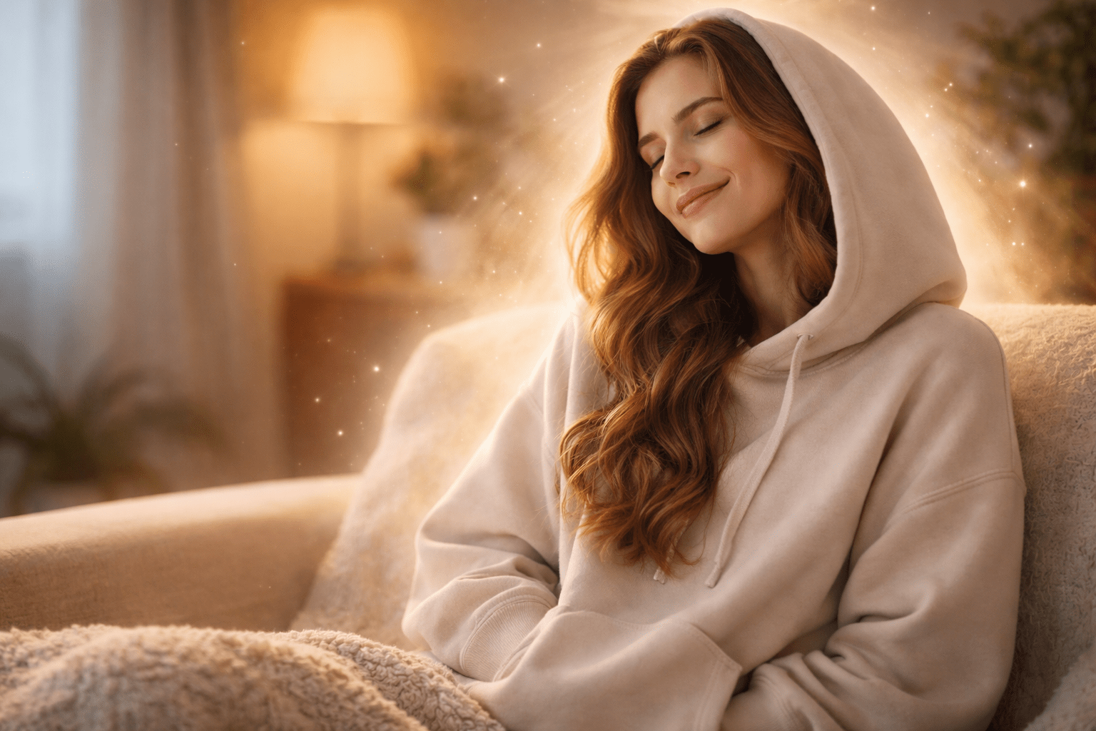 Cozy hoodie creating a calming effect representing stress relief and relaxation response.