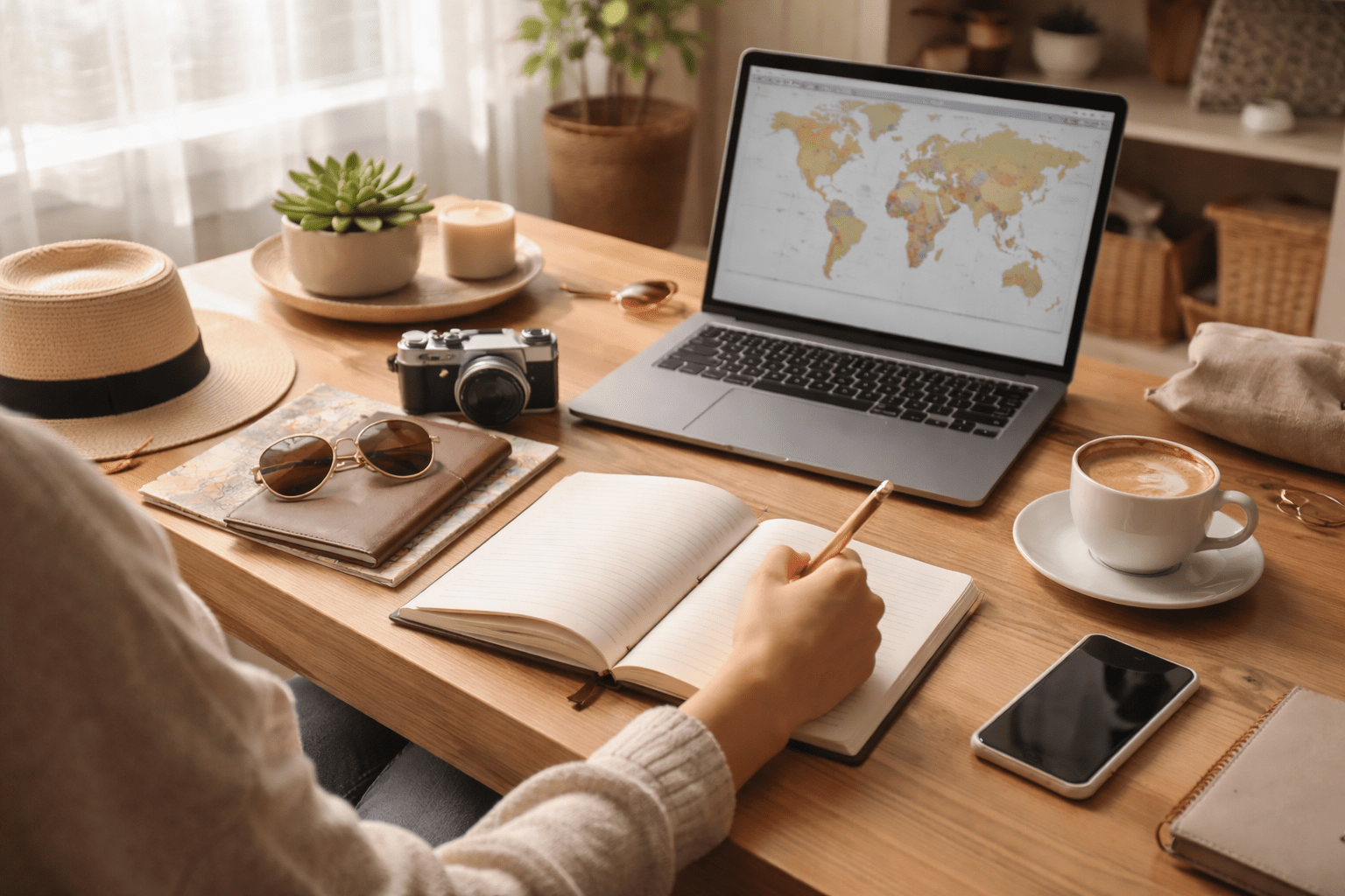 A person calmly planning a trip at a desk with travel essentials, reflecting mindful and organized vacation planning.