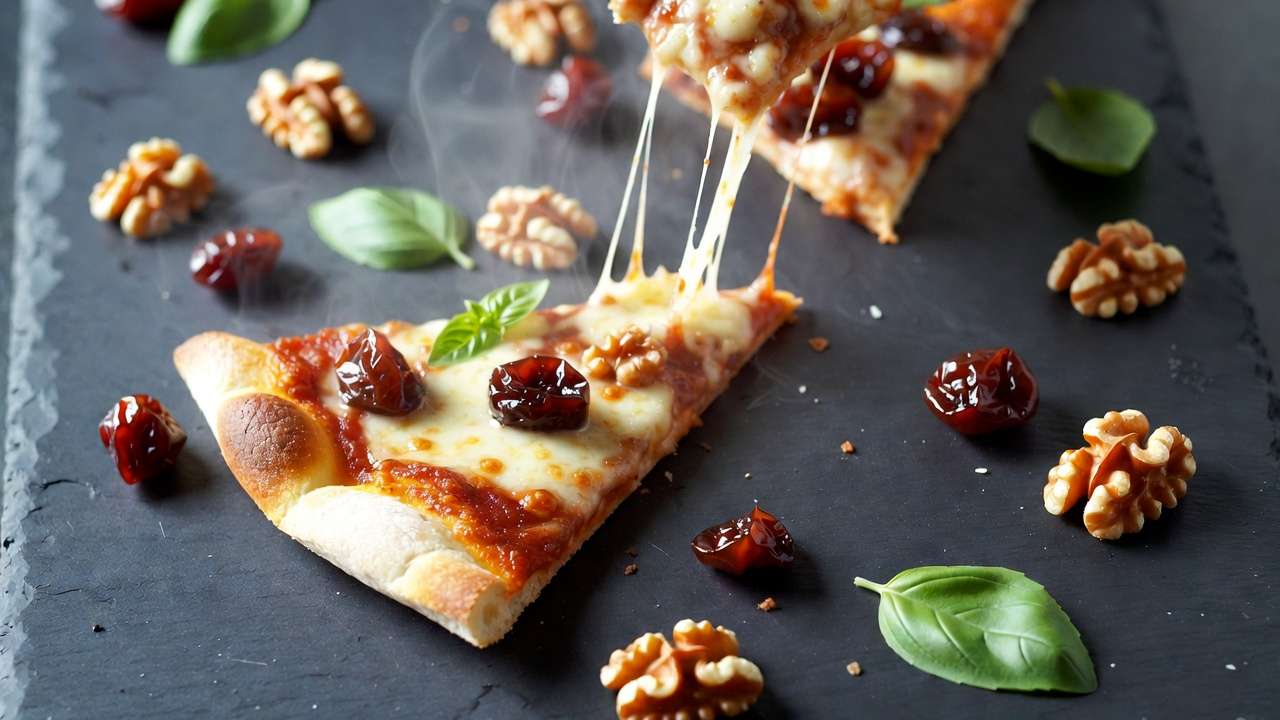 happy pizza menu slice with mindful ingredients answering common questions about sleep happiness and wellness.