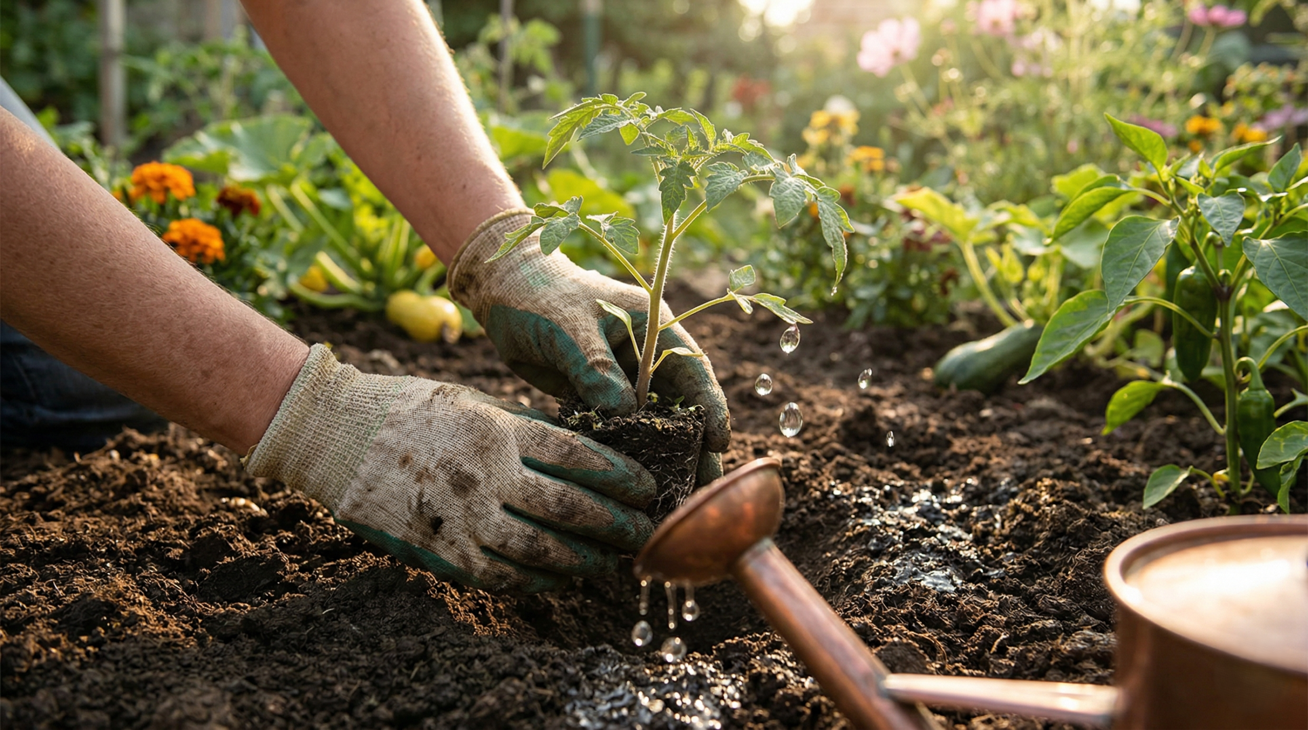 Close-up of hands watering and planting a seedling in dark soil, representing an active micro-meditation practice during summer gardening.