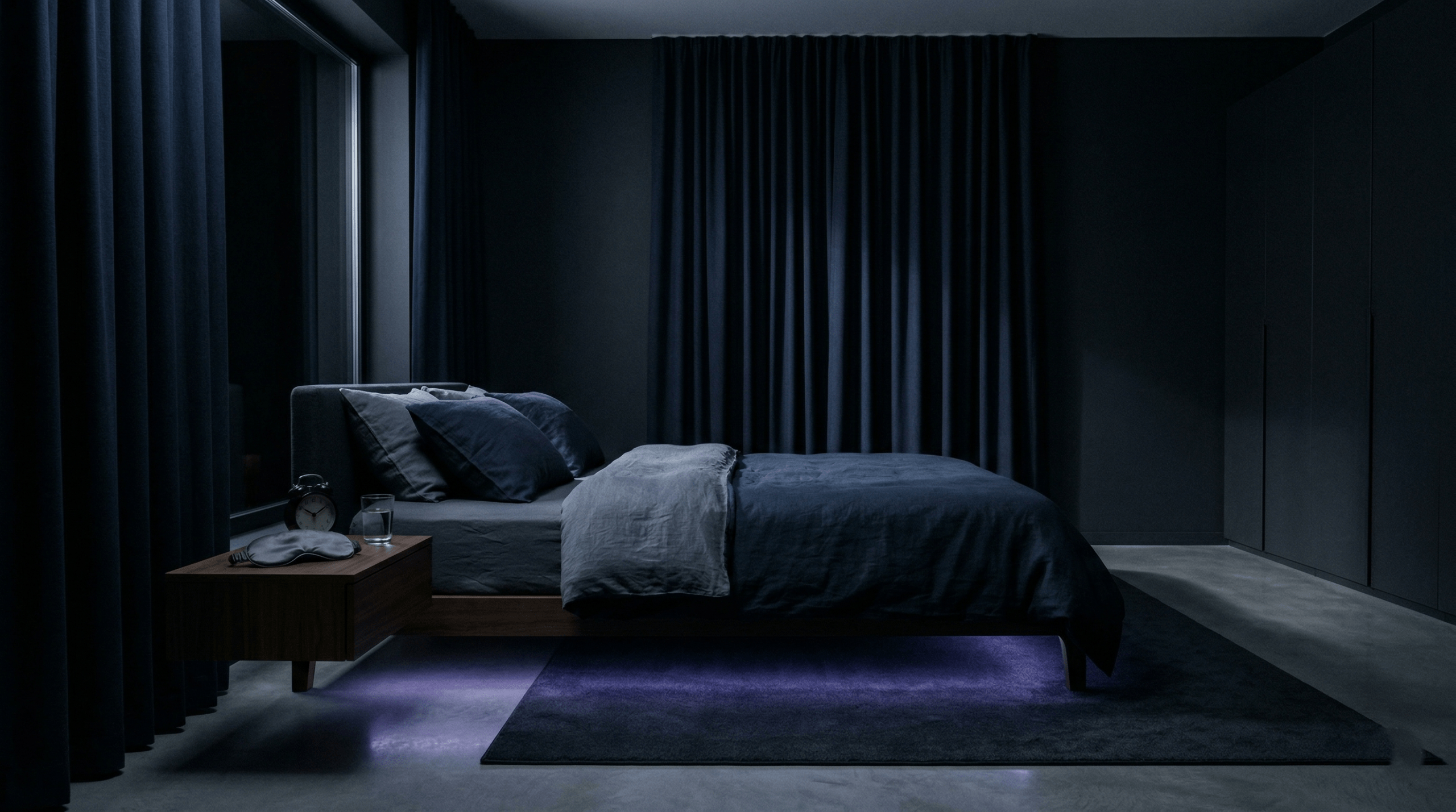 Modern, dark bedroom sanctuary for optimal sleep hygiene featuring blackout curtains, a sleep mask, and cool-toned under-bed lighting.
