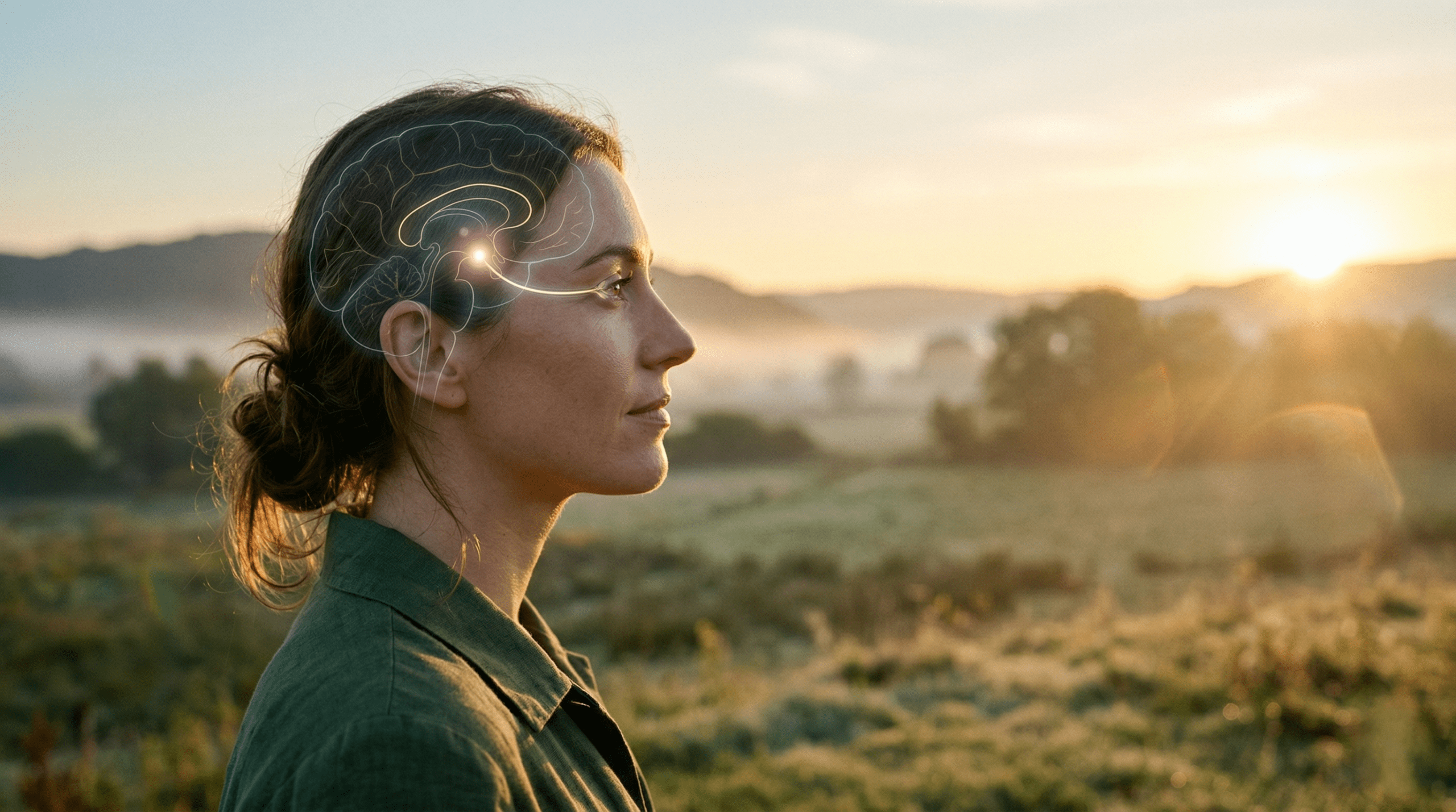 Conceptual illustration of early morning sunlight entering the eye to activate the suprachiasmatic nucleus (brain clock) for circadian rhythm regulation.