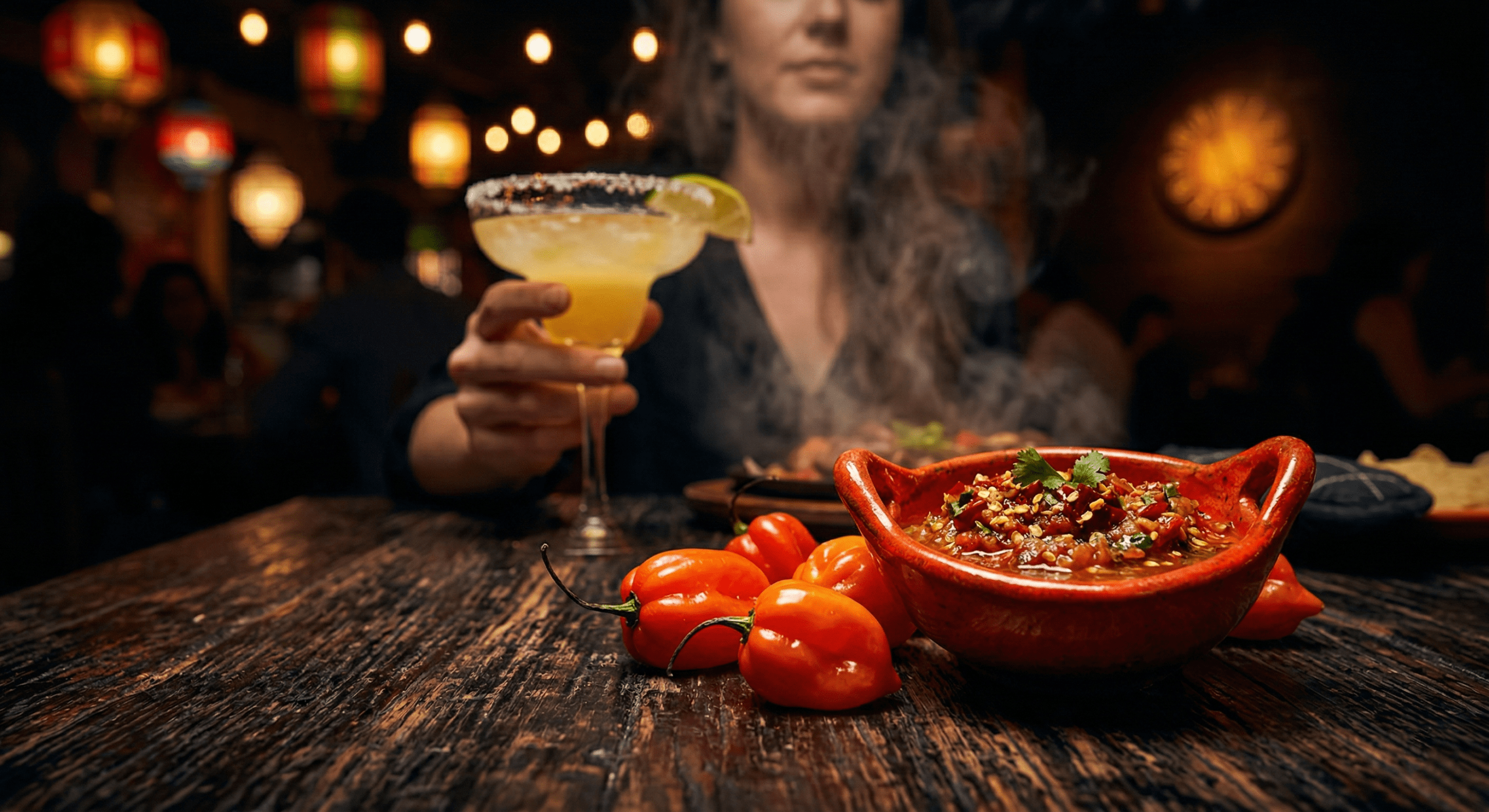 Stylized image of red habanero peppers and fiery salsa, visually illustrating the link between spicy food and sleep disruption at El Camino. 