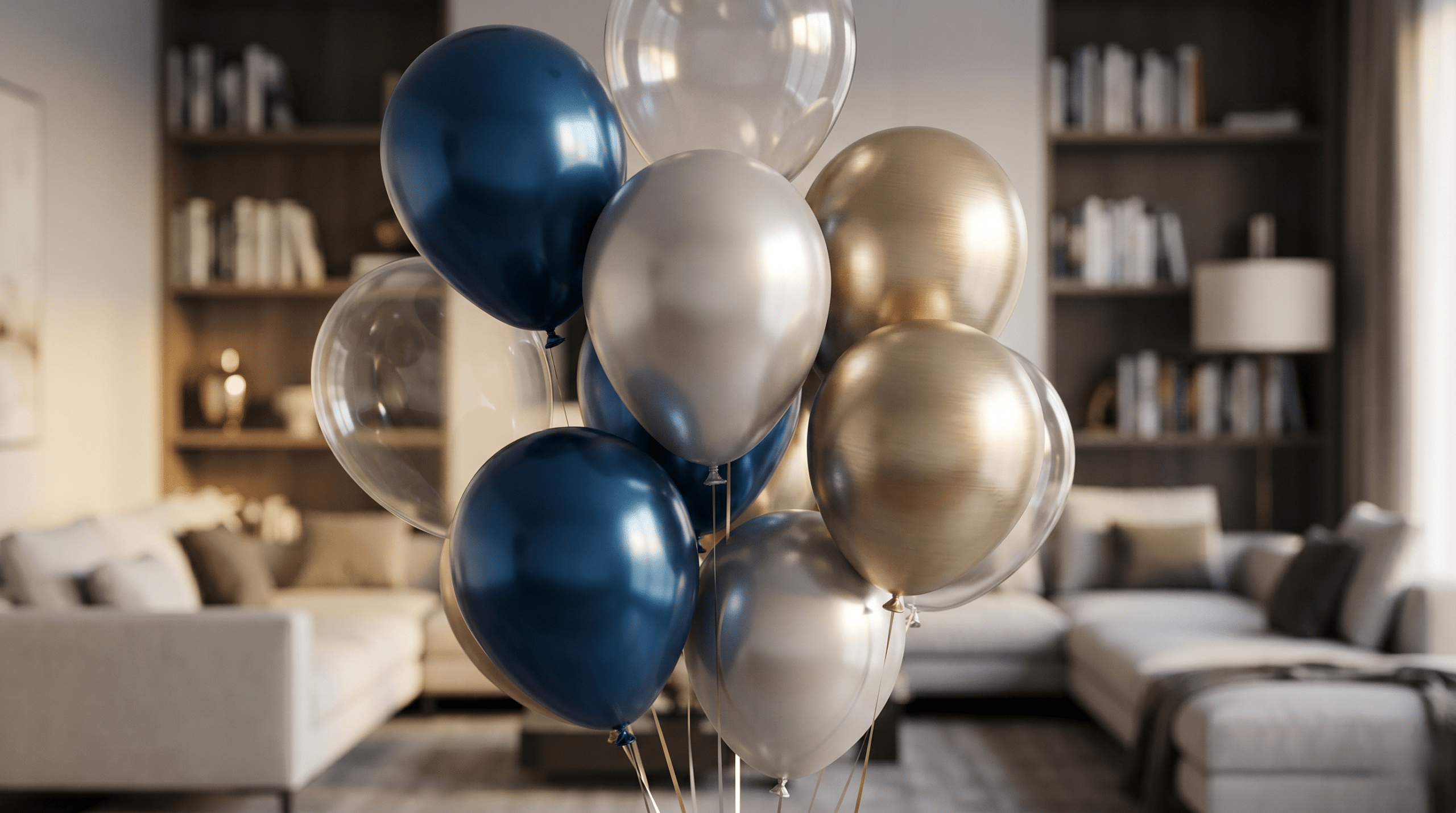 A visually striking close-up of premium balloons creating pattern disruption in a softly blurred, sophisticated home interior.
