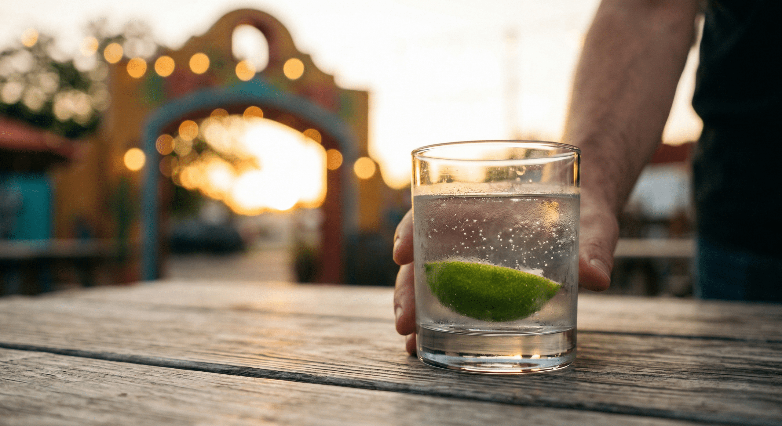 Photograph of an early arrival at the El Camino Happy Hour patio, showing the first mindful drink being placed on a table as the sun sets. 