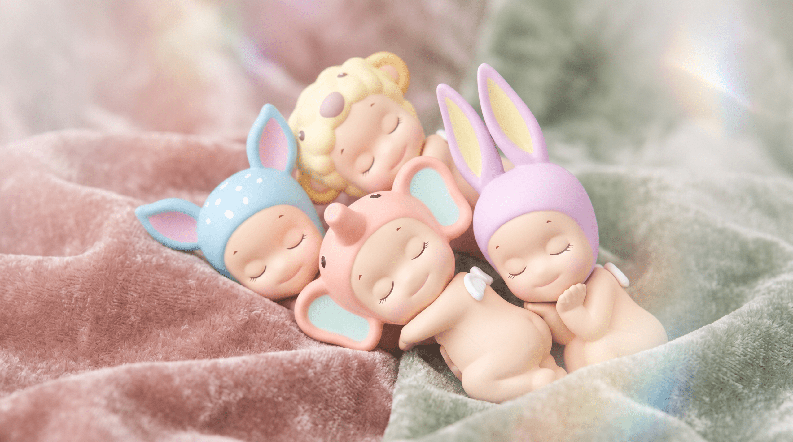  An ethereal, dream-like macro shot of multiple pastel Sonny Angel Dreaming Hipper figures on a soft velvet surface, showing their serene expressions.
