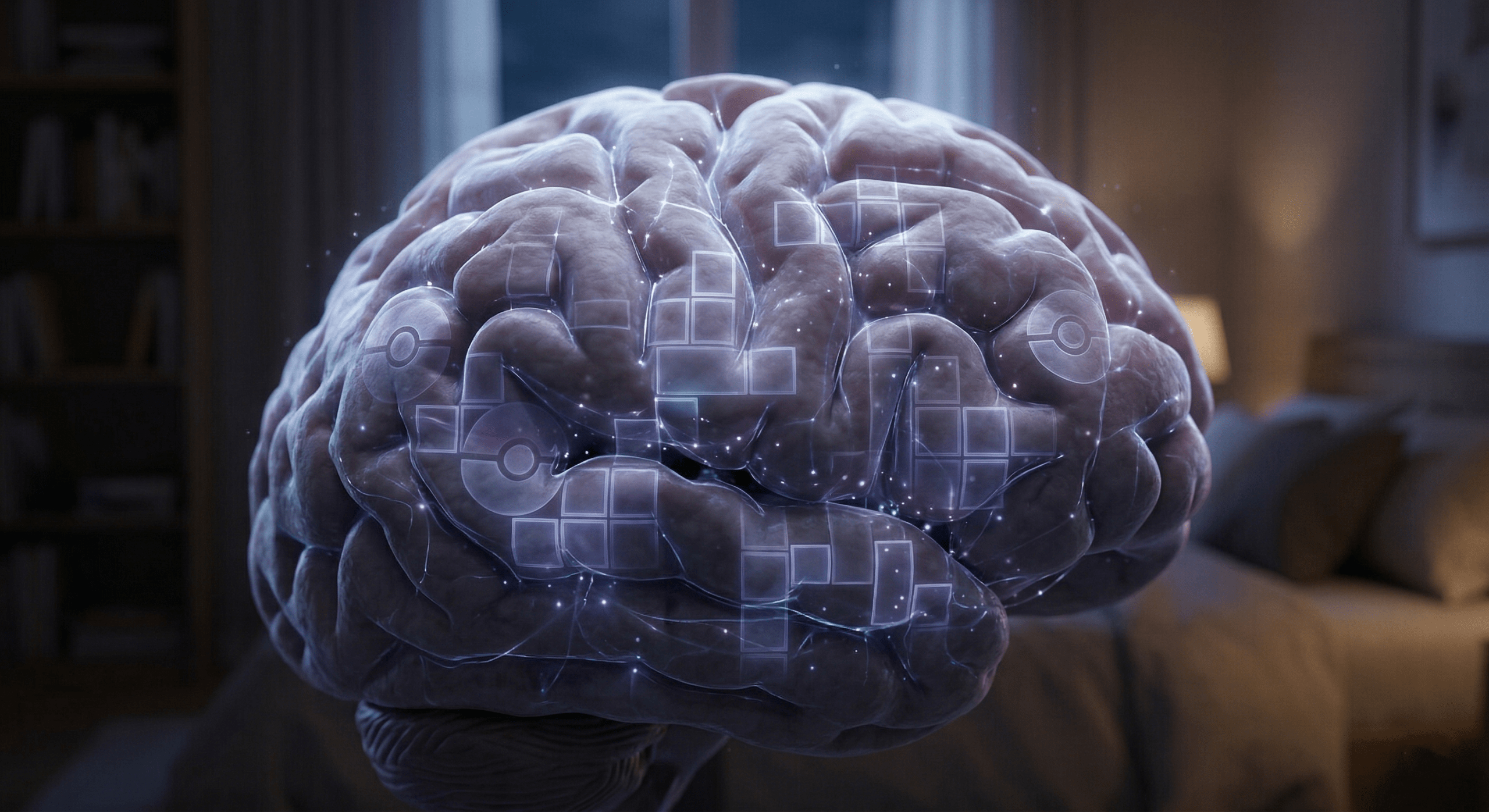 Illustration of human brain with glowing neural patterns in Tetris block shapes, representing game transfer phenomena and residual game memories.
