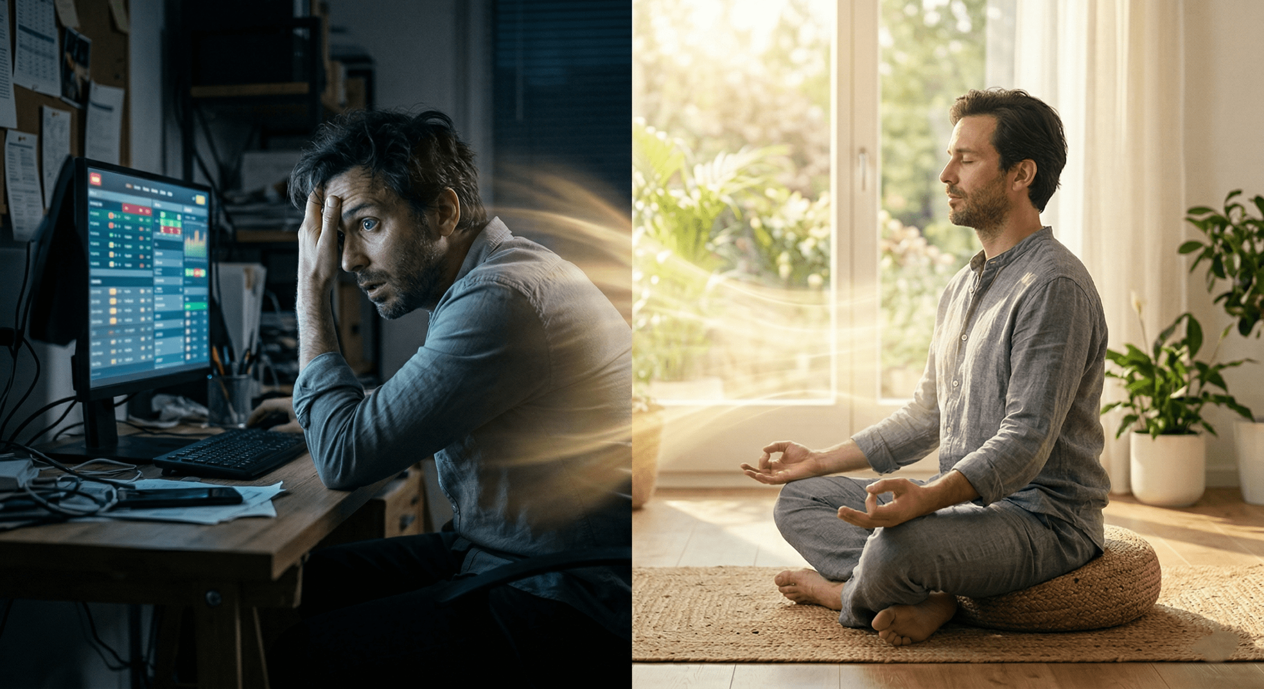 Conceptual split image contrasting a stressed bettor with a calm meditating bettor, symbolizing mindfulness and emotional detachment in sports wagering.