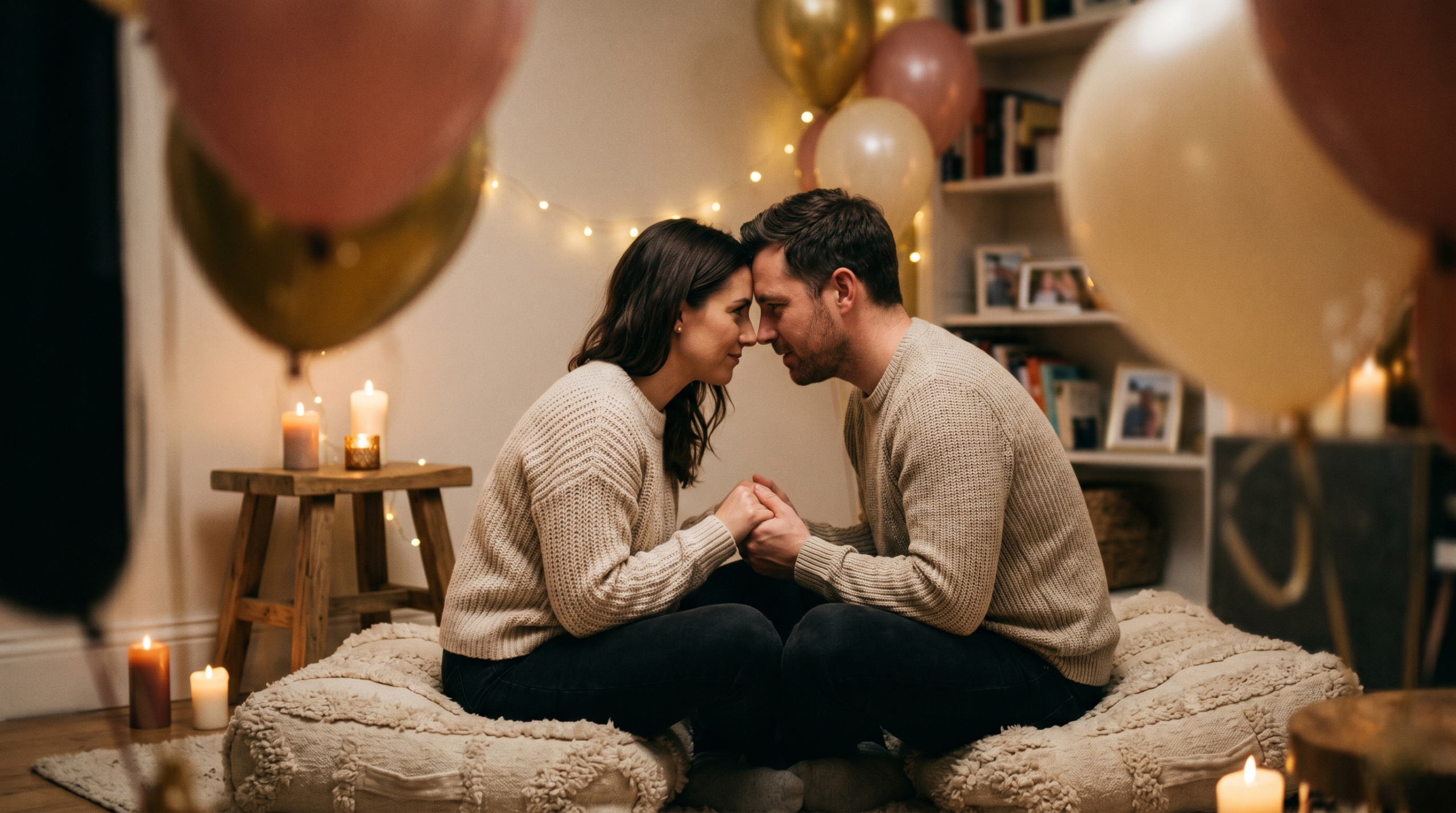 An intimate, atmospheric photograph of a couple’s deep conversation and connected posture within a softly blurred, special anniversary space.

