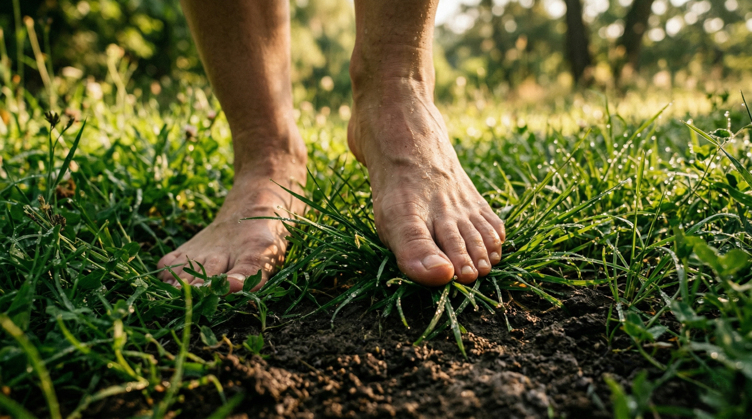 Close-up, low-angle shot of bare feet walking on lush green grass, illustrating earthing and nature immersion for holistic well-being.