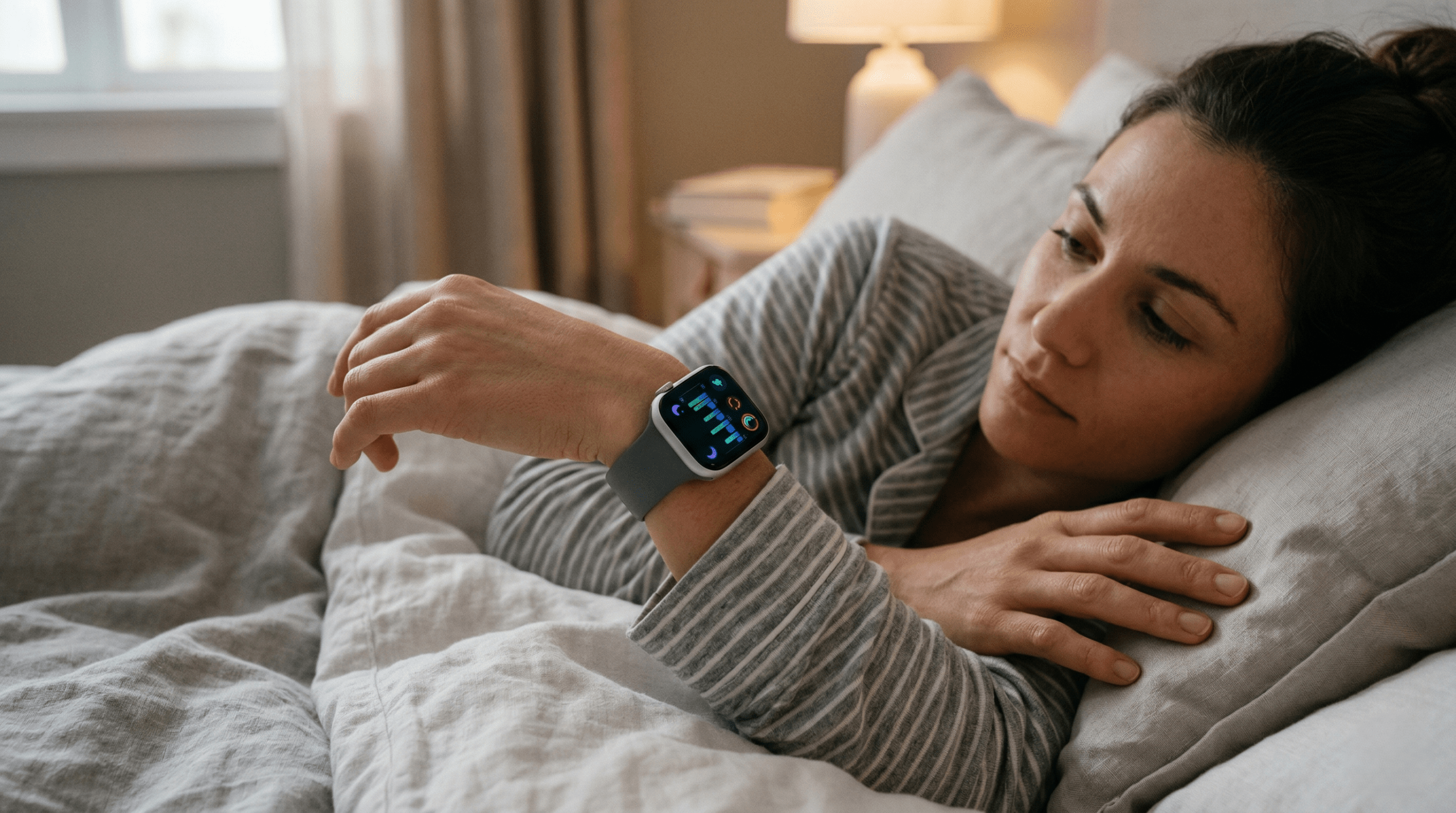 A person checking sleep quality data and biometric scores on their fitness tracker wearable after a night's rest.
