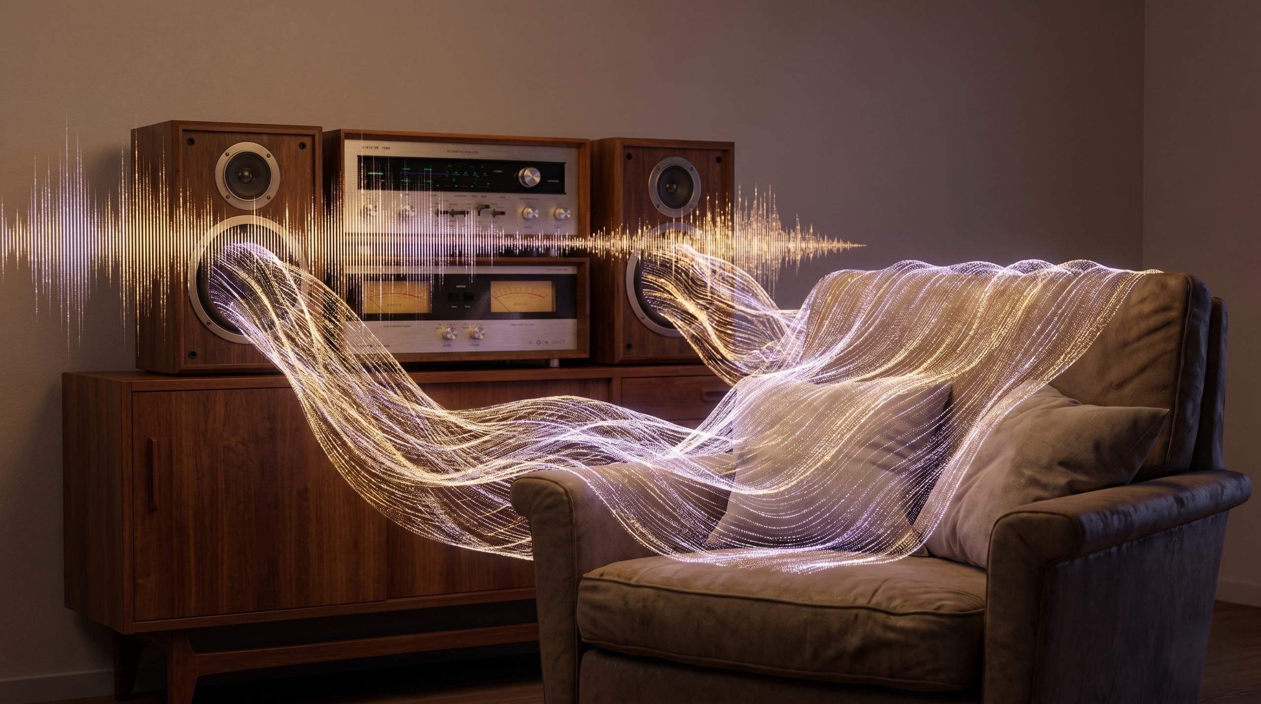 Abstract visualization of dense sound waves from a stereo creating a warm blanket over an armchair, representing acoustic insulation for sleep.