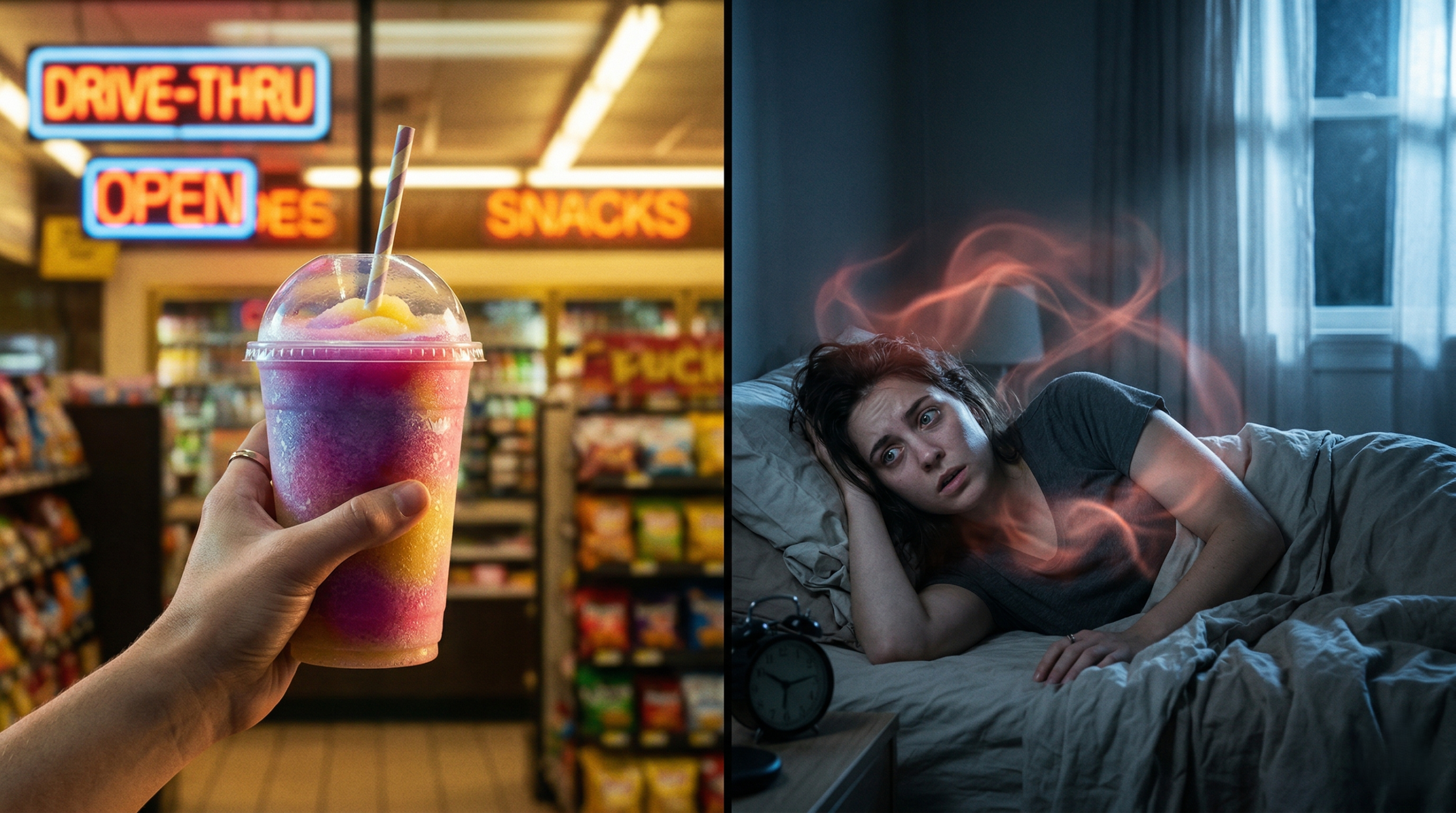 A split conceptual image showing an afternoon sugary drive-thru drink contrasting with restless, poor sleep at night. 