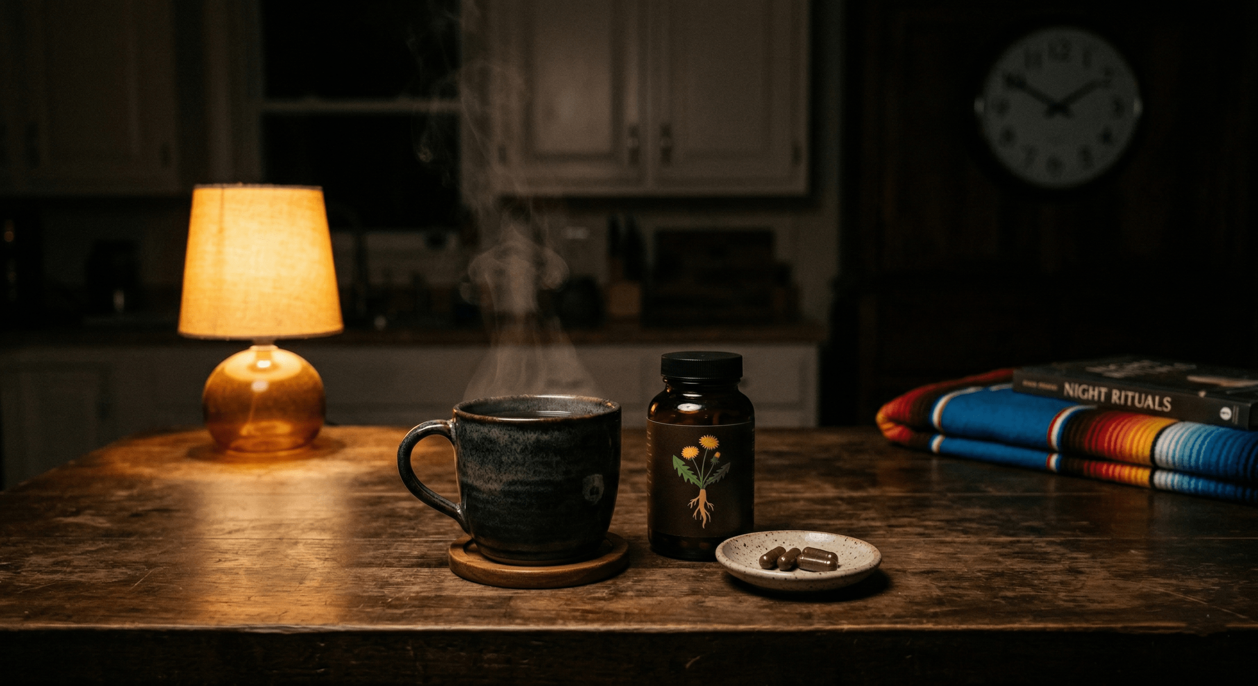 Nighttime photo of calming ginger-dandelion tea and supplement aids, part of a mindful post-El Camino routine.
