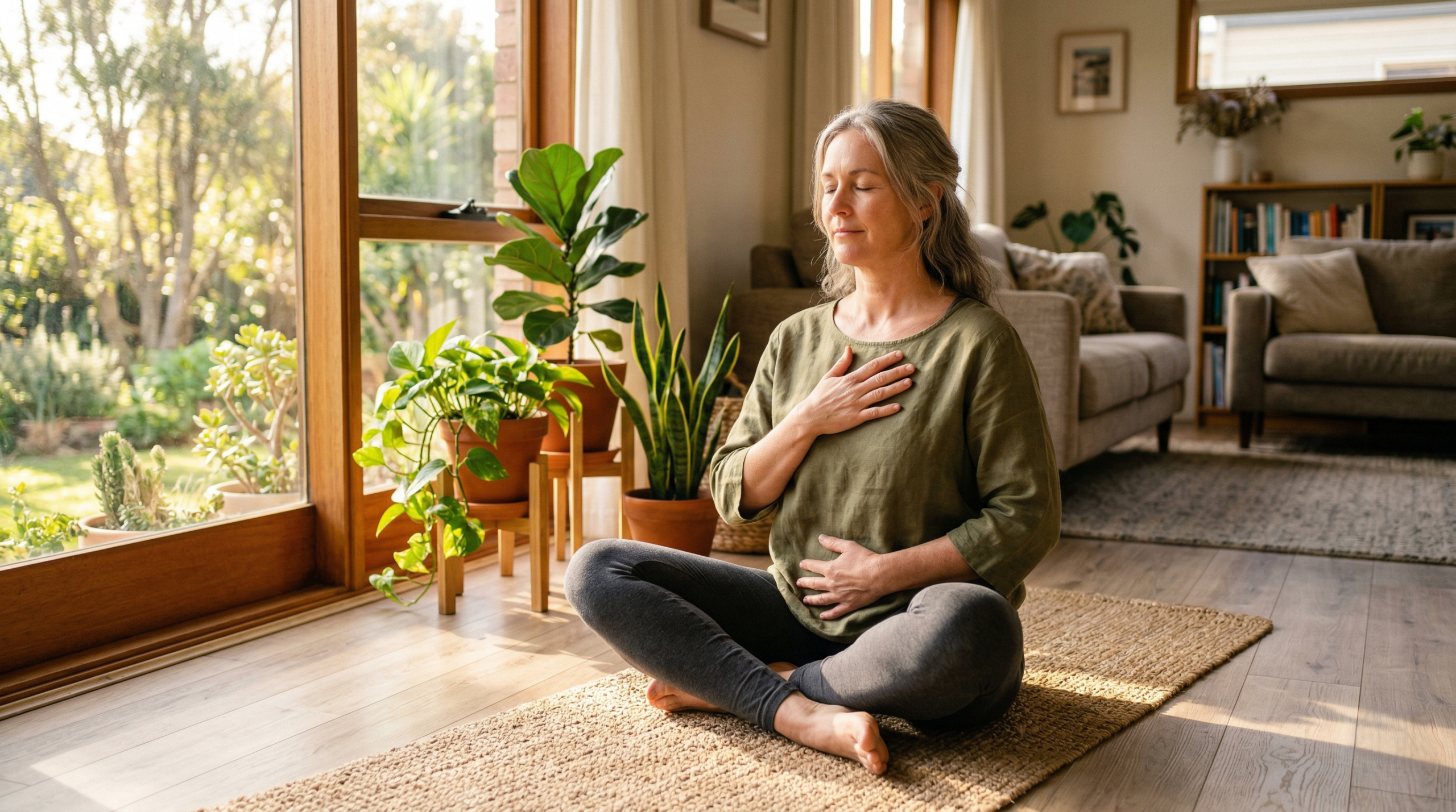A woman practicing a holistic breathing technique and mindfulness exercise to boost energy during the afternoon. 