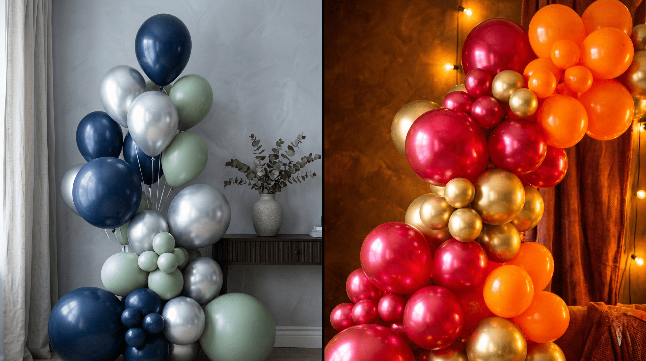 A split-screen visual illustrating how different color palettes of balloons create contrasting calm and energetic anniversary atmospheres.