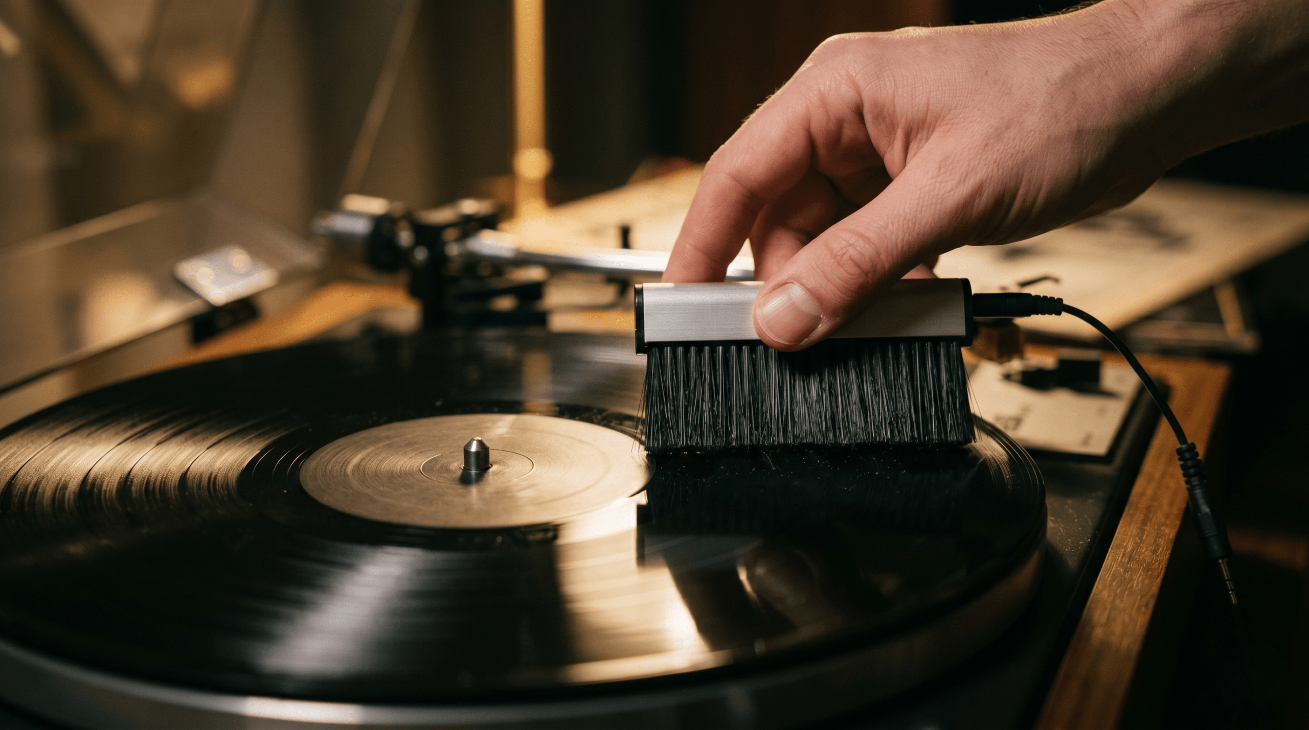 A hand meticulously cleaning dust from a vinyl record using an anti-static carbon fiber brush under warm light.