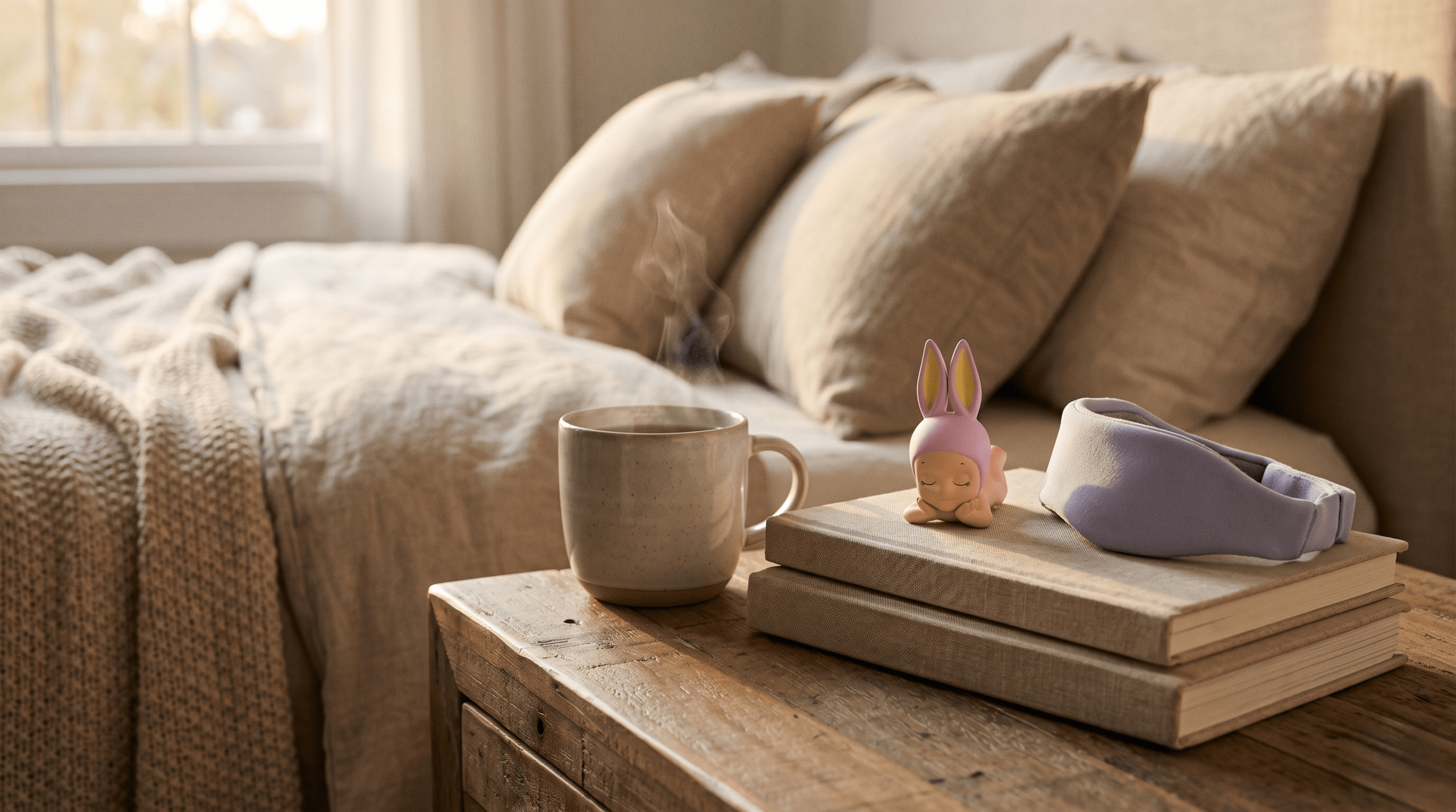 A curated sleep hygiene sanctuary on a nightstand featuring a Sonny Angel Dreaming Hipper resting on a journal with a ceramic mug of tea and soft lighting.
