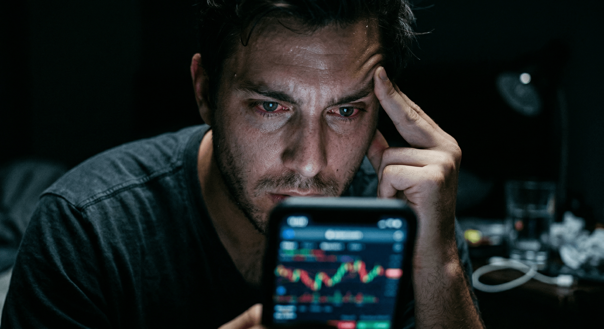 Close-up of stressed sports bettor in dark room watching fluctuating betting odds on smartphone screen blue light.
